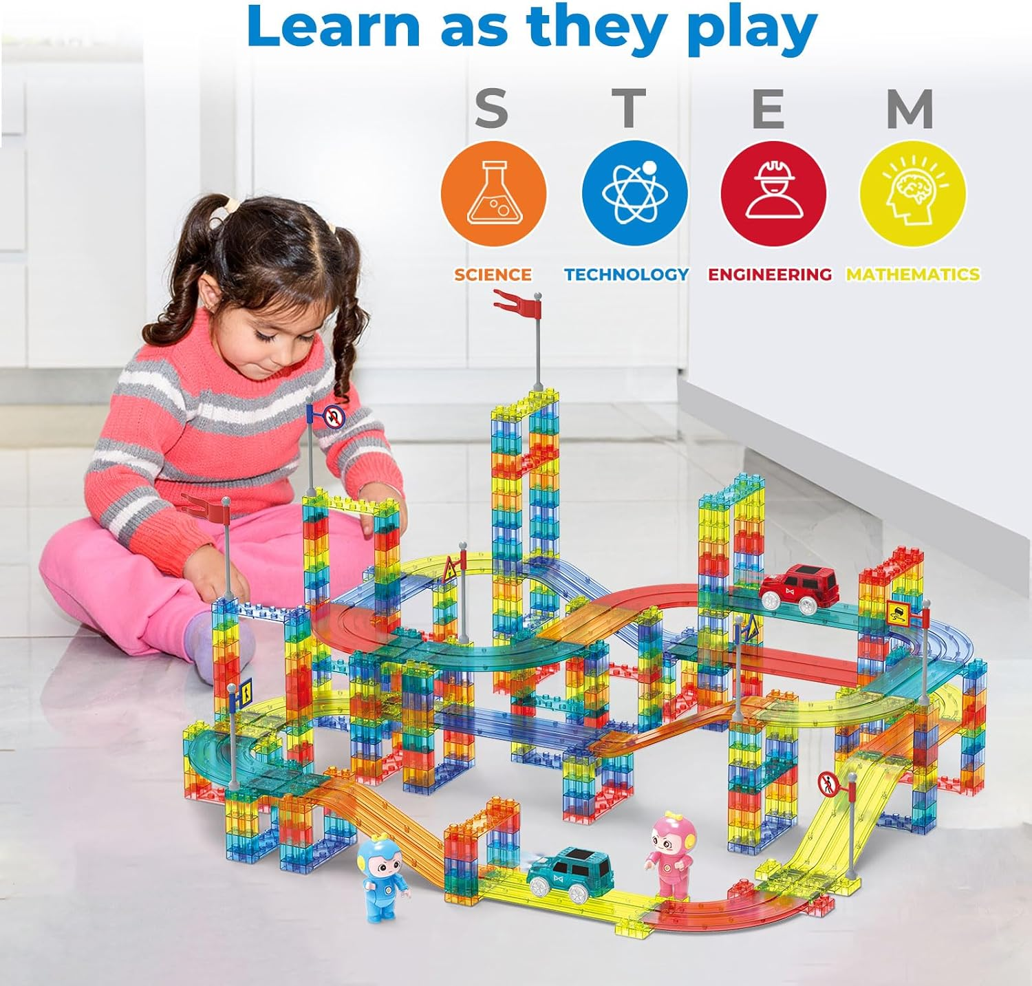 348PCS Magnetic Tiles Blocks Railcar, Construction Car Track Set with Car and Roads Signs, Building Toys Set for Kids, Playset STEM Learning Kit Child Brain Development over 3 Years Old Boys Girls