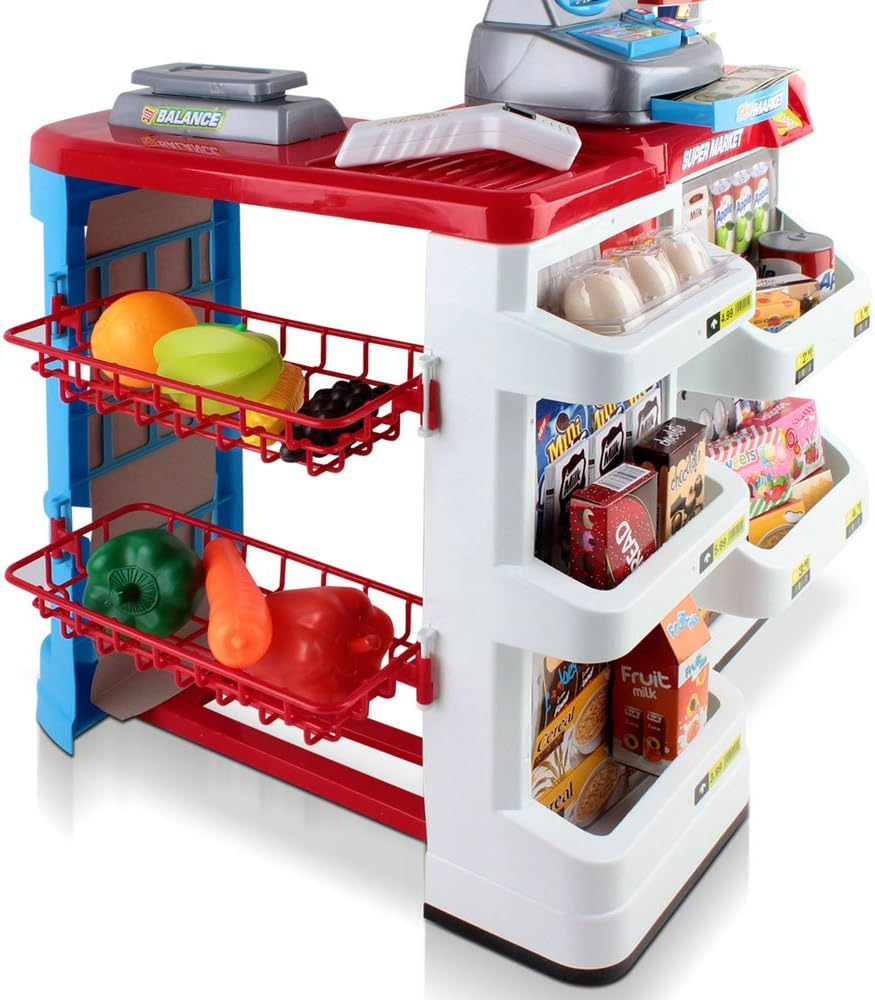 Keezi Kids Pretend Play Set, 24Pcs Supermarket Playset Shopping Trolley Cash Register Toy Battery for Friends Family with Lighting and Sound Features, Children Cubby House Toys Outdoor Plays Red White image number 3