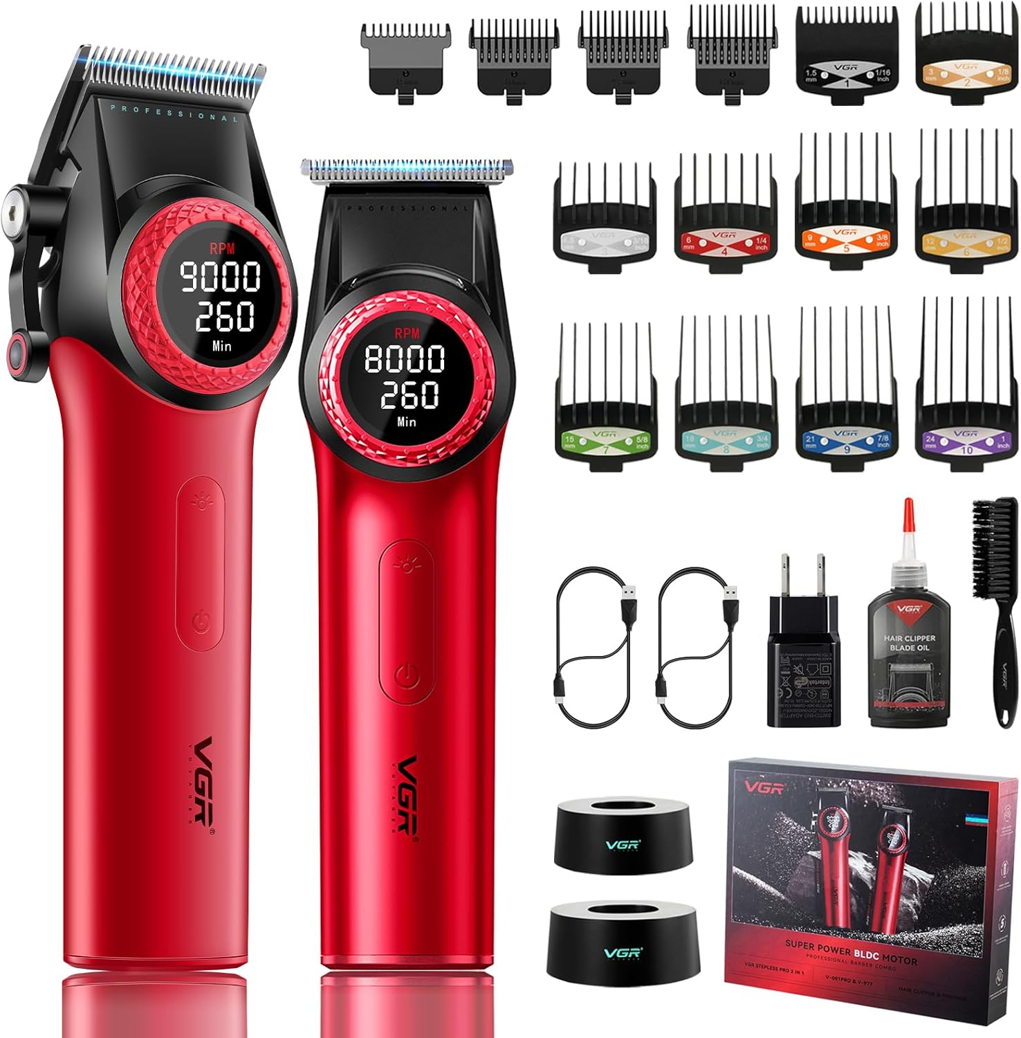 VGR 001 & 977 Professional Hair Trimmer for Men, Wireless Barber Hair Trimmer Set, Hair Cutting Set with DLC Coated Blades, USB Rechargeable Barber Set with Charging Base image number 4