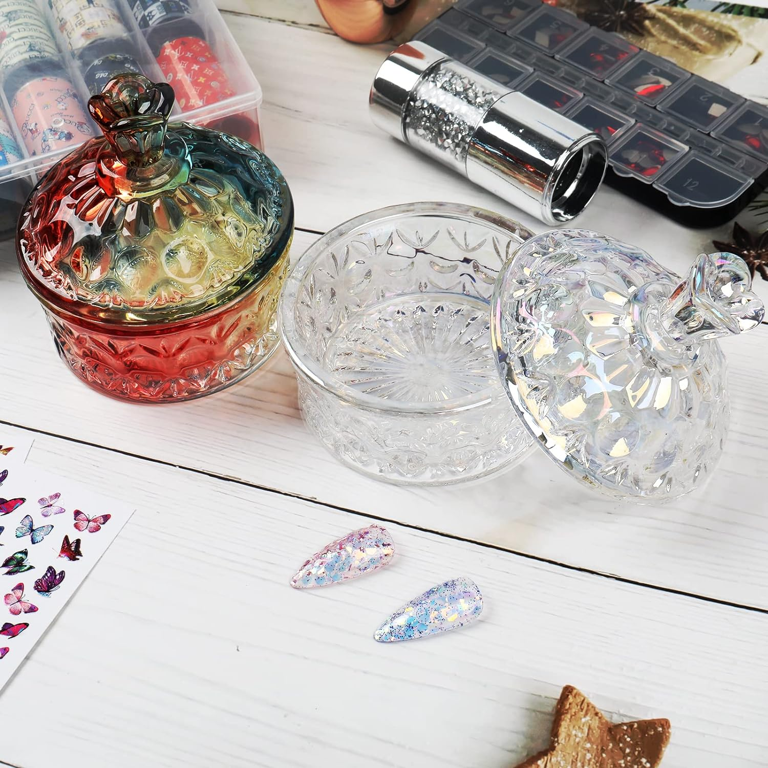 BQAN 100Ml Large Nail Dappen Dish, Dazzling Crystal Dappen Dish with Lid, Damping Dish for Nails Holding Acrylic Liquid Acrylic Powder Nail Decor, Dappen Monomer Holder Dish (Laser Color) image number 5