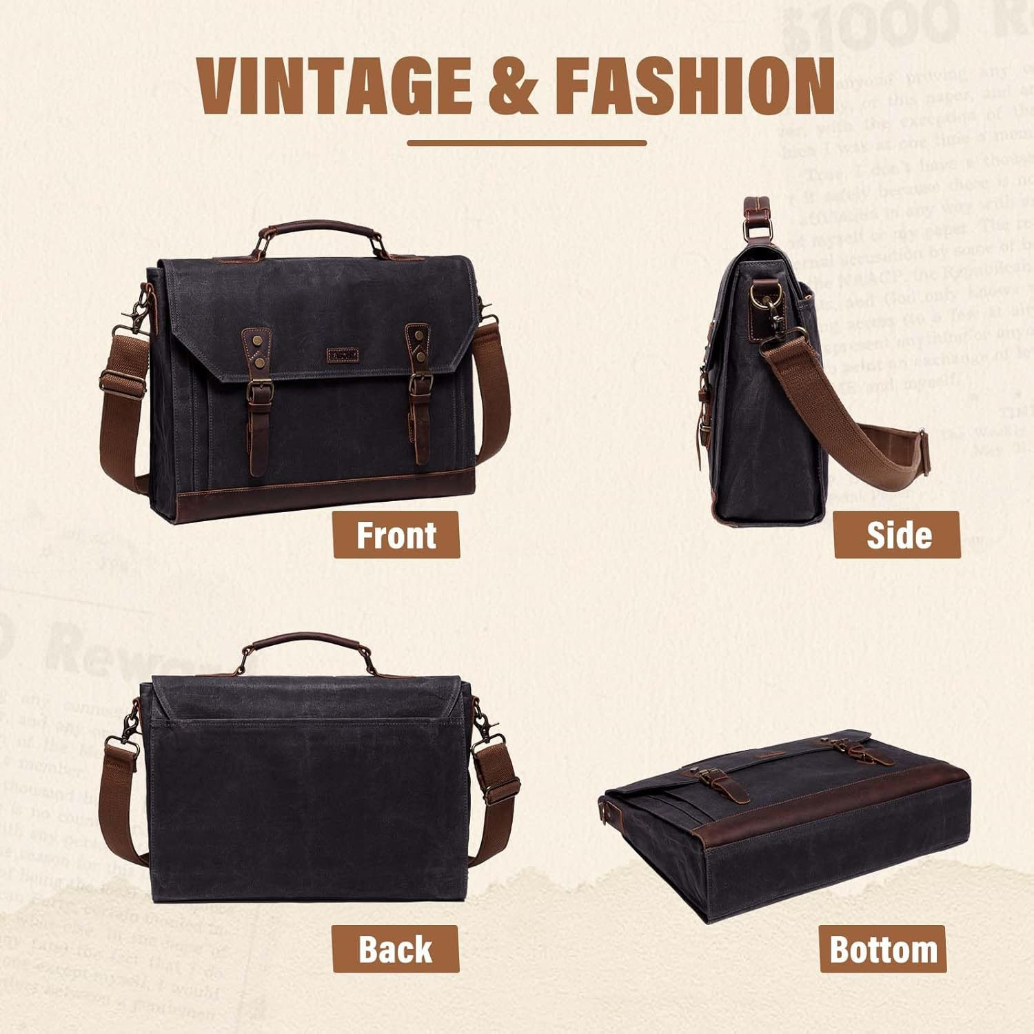 Vaschy Waxed Canvas Leather Messenger Bag for Men Vintage Laptop Bag Satchel Business Briefcase Shoulder Bag for Wrok, Travel Ftis 15.6In Laptop Gray image number 5