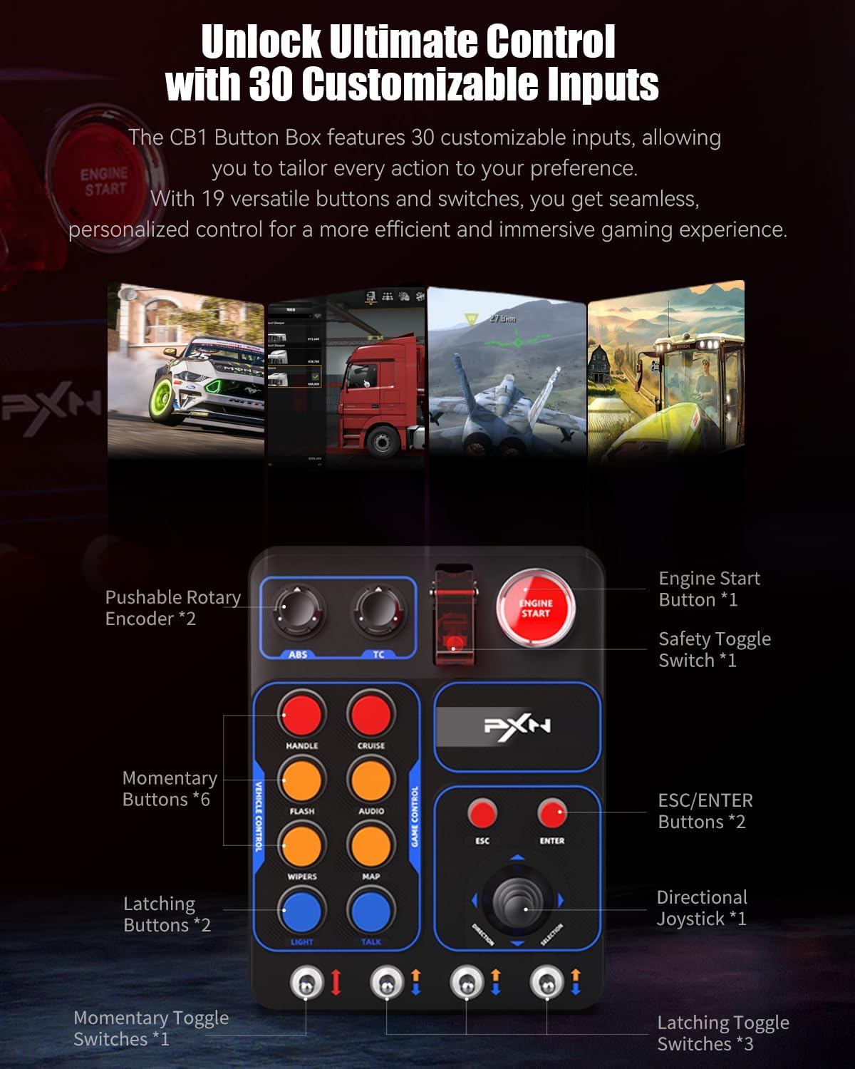 PXN CB1 Button Box - Steering Wheel Side Panel, Auxiliary ETS2 Controller - PC Only | 19 Sim Buttons & Switches, RGB Lighting, Adjustable Clamp | for Racing, Truck, Flight & Farm Simulator Games image number 3