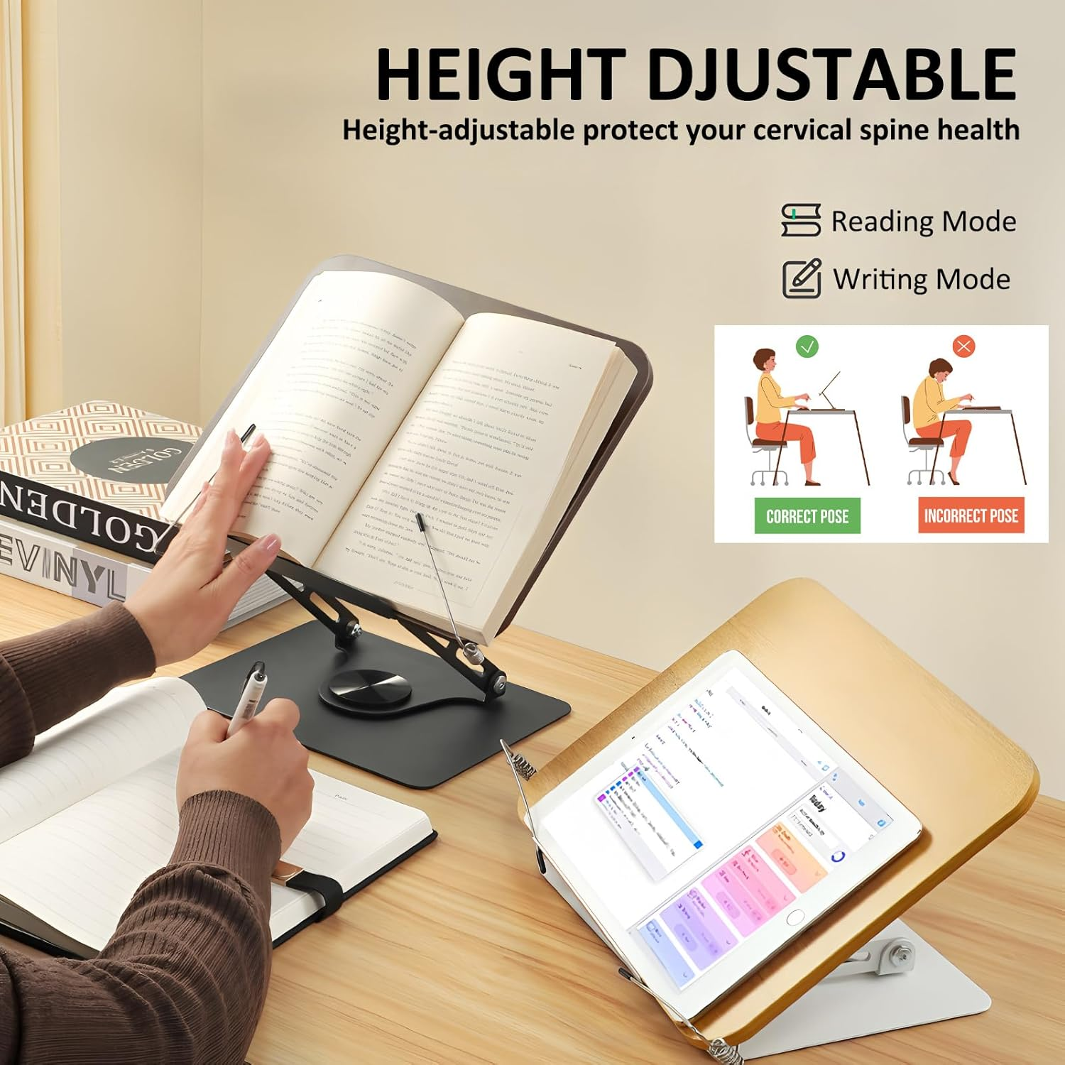 Book Stand for Reading, Adjustable Book Holder with 360&deg; Rotating Base, Foldable Cookbook Stand Recipe Book Holder with Elastic Page Clips for Music Scores, Recipe, Magazines, Tablet, Laptops (Silver) image number 2