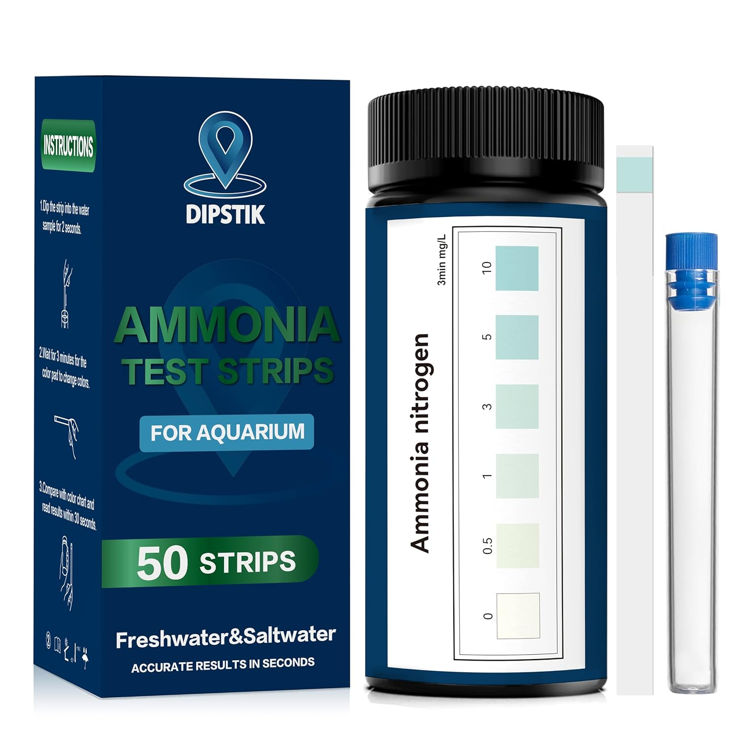 DIPSTIK Ammonia Test Strips for Fish Tank,Feshwater & Saltwater Aquarium Water Test Kit (50) image number 1