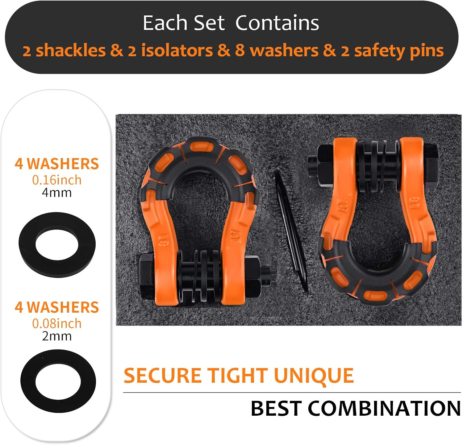 AMBULL Shackles Upgrade 3/4" D Ring Shackle (2 Pack) 70,000 Lbs Break Strength with 7/8" Pin, Isolator and Washer Kits for Use with Tow Strap, Winch, Off-Road Truck Vehicle Recovery, Orange image number 2