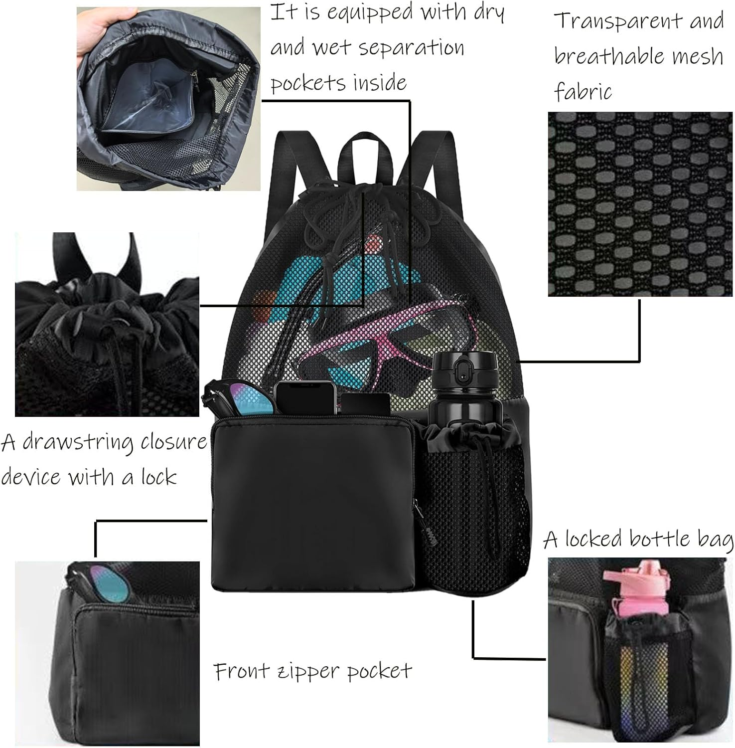Breathable Mesh Drawstring Backpack with Wet Pocket - Multi Functional Swim Bag for Gym, Yoga, Swimming & Sports | Lightweight & Water-Resistant image number 1