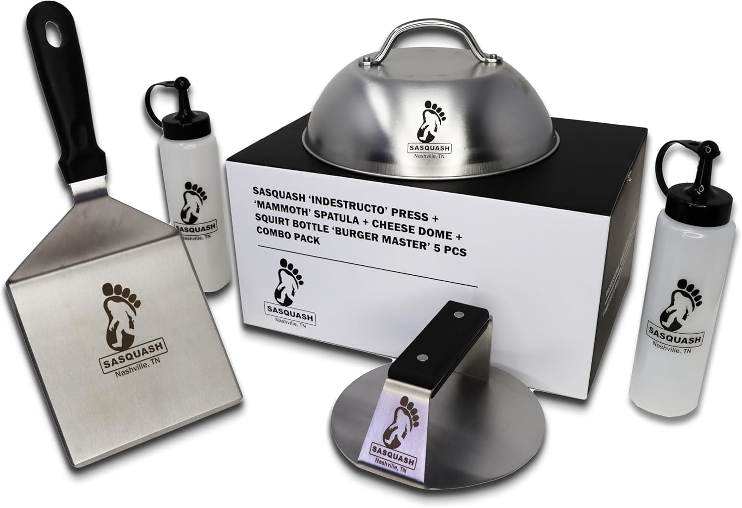 The Sasquash - 6" Heavy Duty Extra Wide Flat Handle Smashed Burger Press - Commercial Grade Welded Stainless Steel Burger Smasher (5Pc Burger Master Kit) image number 6