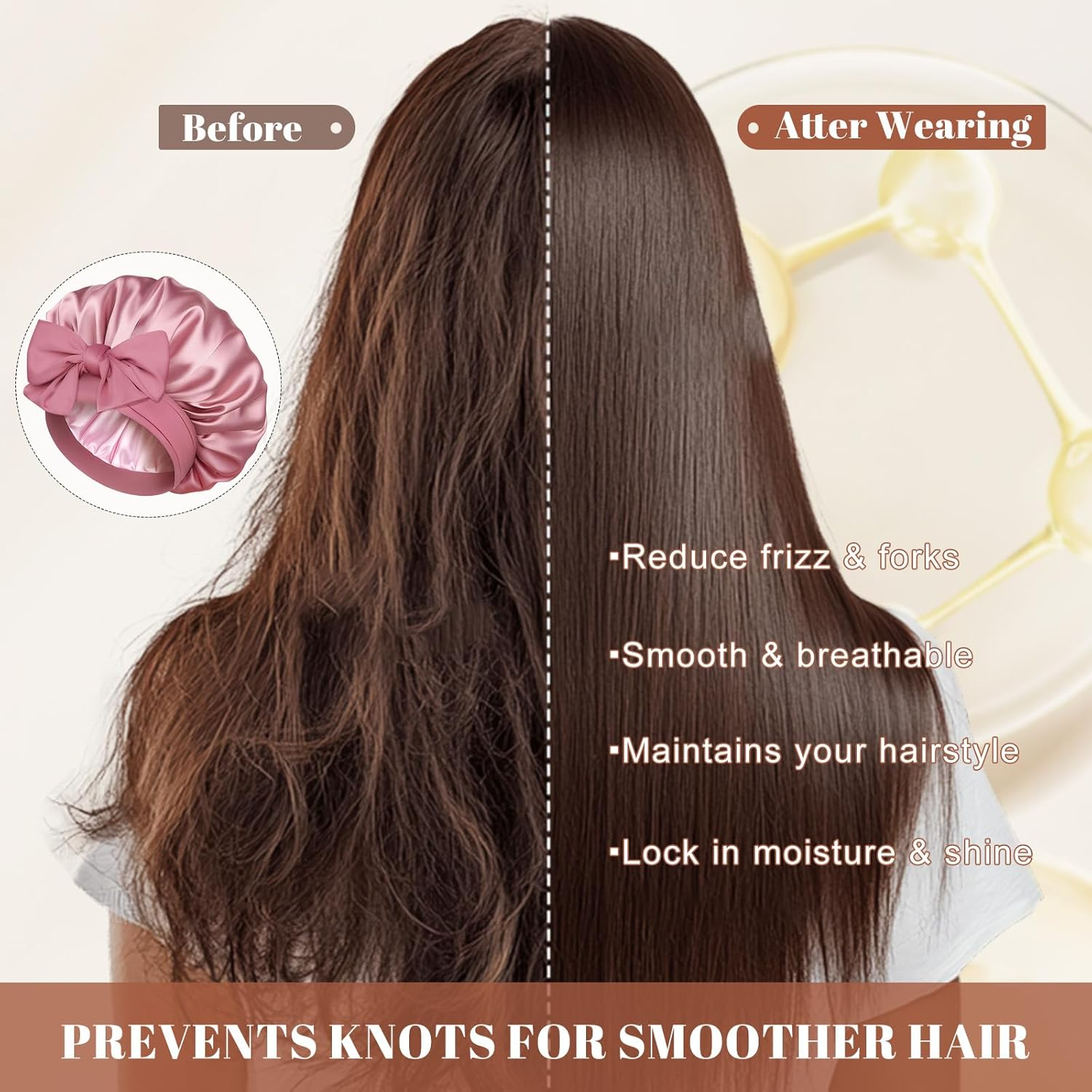 Satin Bonnet Silk Bonnet for Sleeping Silk Sleep Cap Double Layer Hair Bonnet with Elastic Tie Band for Curly Hair Night Cap (Bean Paste + Pink) image number 1