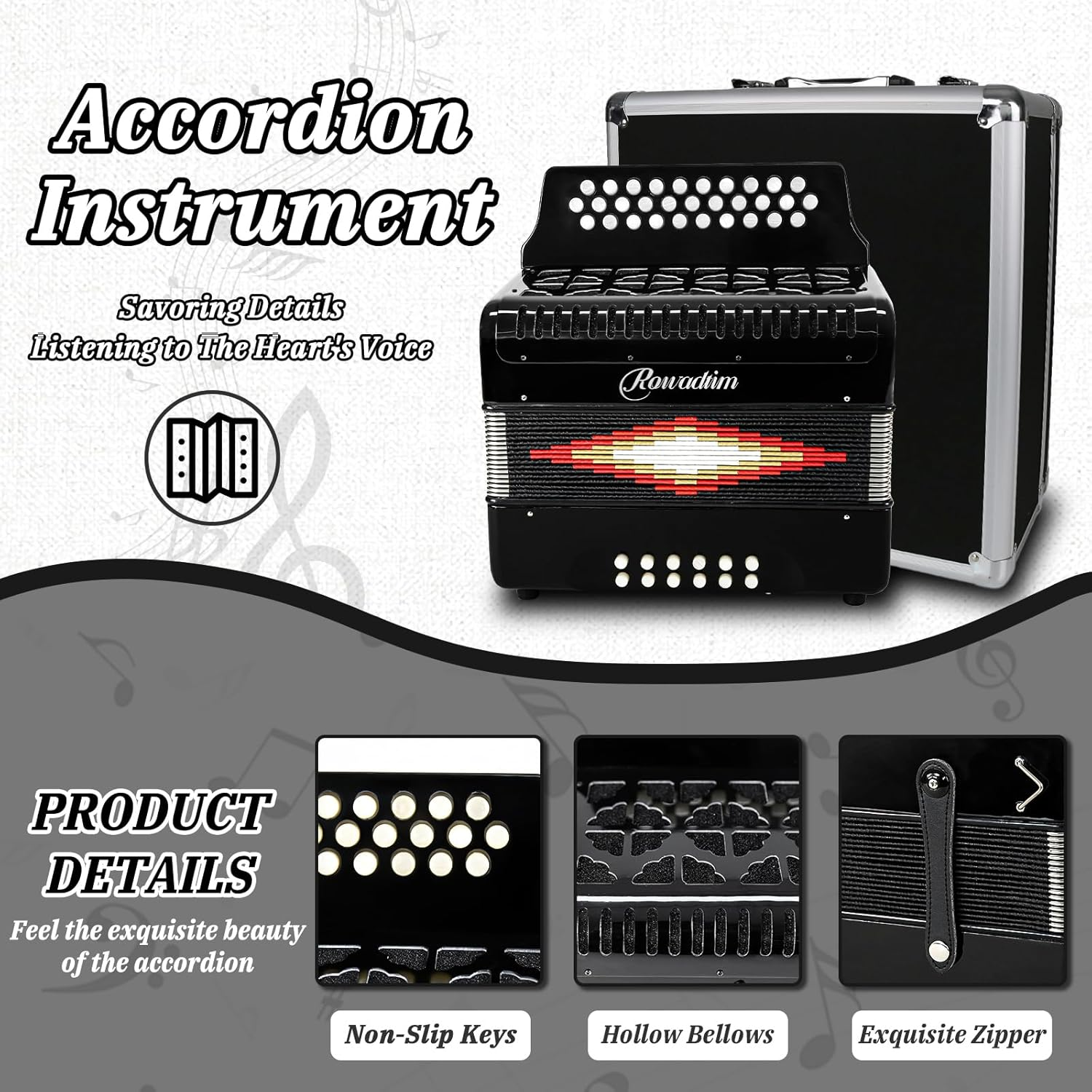 Accordion - 31 Keys, 12 Bass Professional Diatonic, Premium Portable Button Accordion for Adults & Beginners with Thick Protective Case (Black) - Gray image number 5