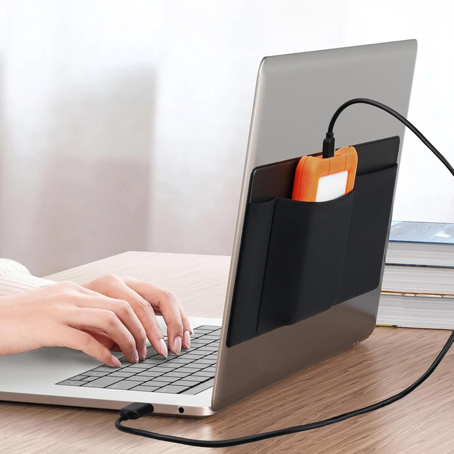 Lacdo 3-Pocket Mouse Holder for Laptop Stick On, External Hard Drive SSD Holder for Laptop, Stick on Pouch Organizer Adhesive Pocket Storage Sleeve for Mouse/Hdd/Ssd/Cables, Computer Accessories,Black image number 3