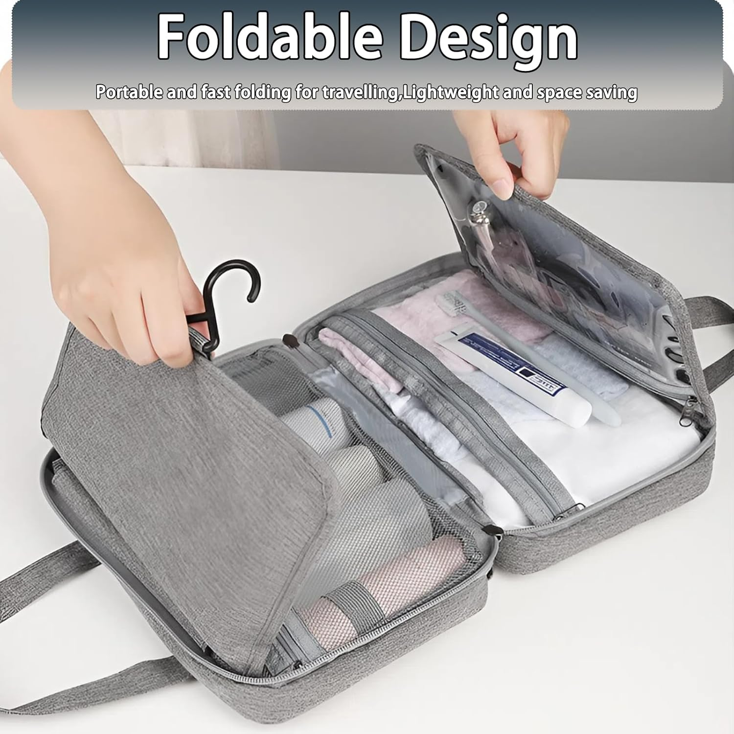 Hanging Toiletry Bag for Women, Waterproof Makeup Organiser with Large Capacity for Travel Essentials, Portable Cosmetic Bag for Camping & Outdoor Trips, Pink - Pink image number 4