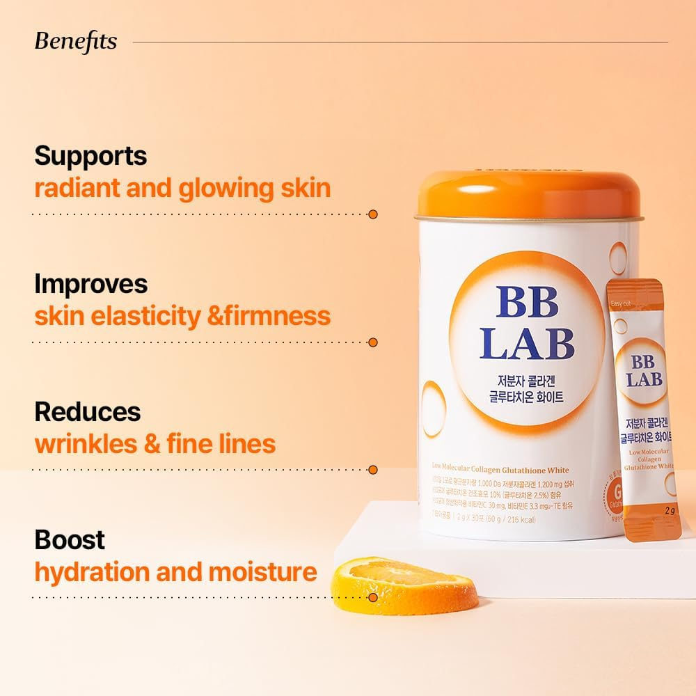 BB LAB Collagen Glutathione White, Low Molecular Collagen & Glutathione Stick Supplement, Fast Abosorption, Fish Collagen, Vitamin C, Vitamin E, Glutathione, Orange Flavor - 30 Ct image number 4