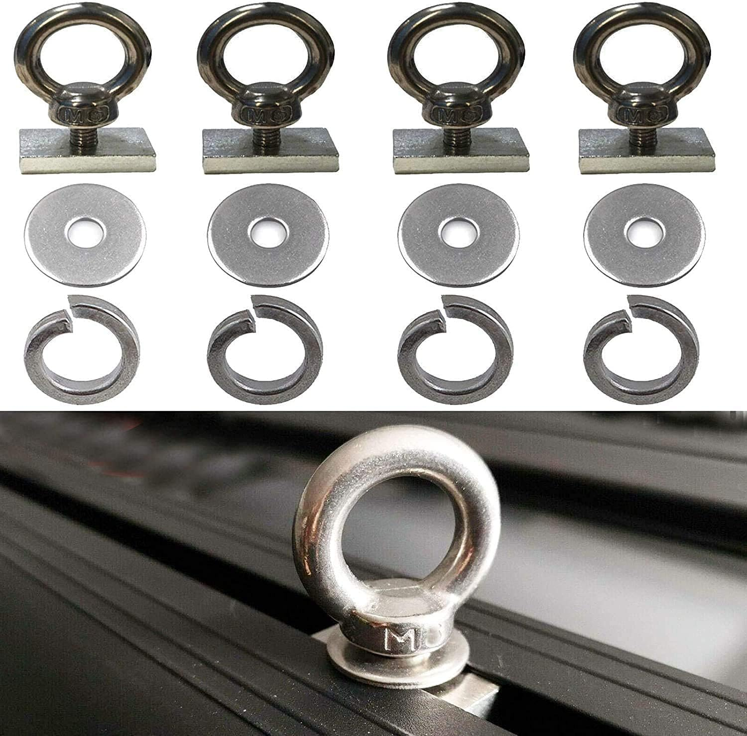 4 Pack Heavy-Duty Stainless Steel Eye Bolt Tie down Anchor Kit for Roof Rack. Also Can Be Used for Fix the 4WD Awning and Other Accessories.
