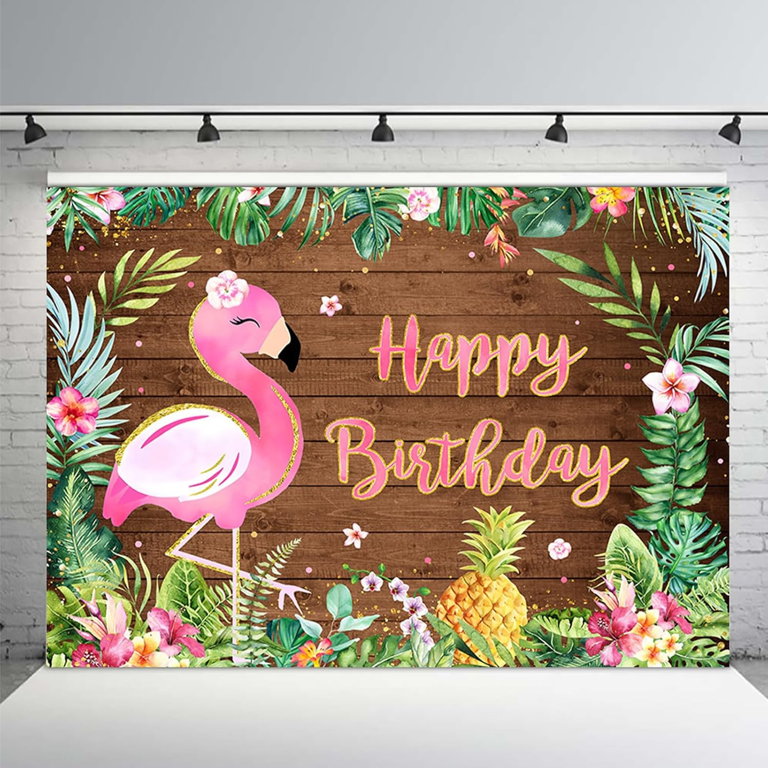 APROPHIC Flamingo Birthday Party Background 2.1 X 1.5 Cm Tropical Fruits, Palm Leaf Background, Happy Birthday Flamingo Decoration, Photo Booth Props, Cake Table Accessories