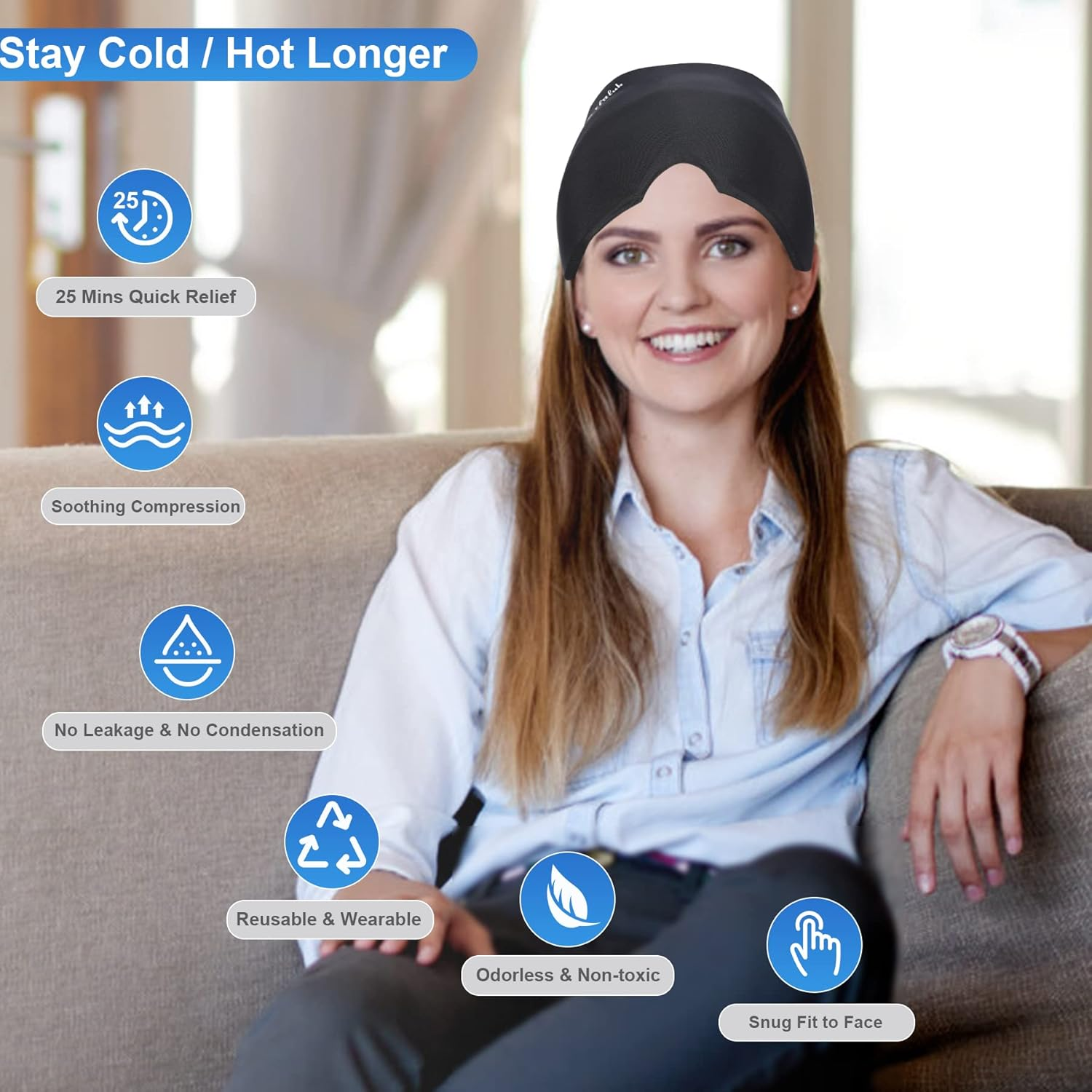 Gel Ice Headache Migraine Relief Hat Cap Hot and Cold Compress Therapy Stretchable Reusable Migraine Ice Head Wrap Hangover Hat Ice Pack Mask for Tension, Sinus, Sports Injuries, Fevers, TBI, Black image number 3