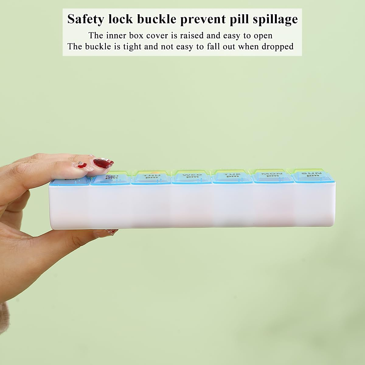 Berglander Pill Organizer 7 Day 2 Times a Day, Large Weekly AM PM Pill Box, Day Night Medicine Organizer, Pill Case 2 per Day, Pill Container Twice a Day Blue and Green Lid image number 6