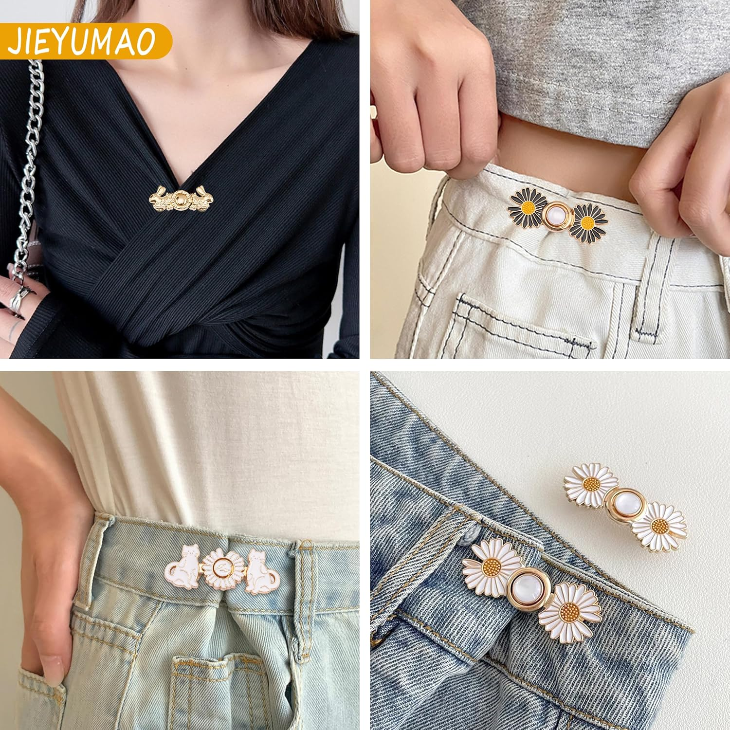 JIEYUMAO Pant Waist Tightener, 16 Sets Adjustable Waist Buckle Extender Set, 8 Styles Reusable Flower Jeans Button, No Tool No Sewing Required Pants Clips for Jeans Skirts image number 3