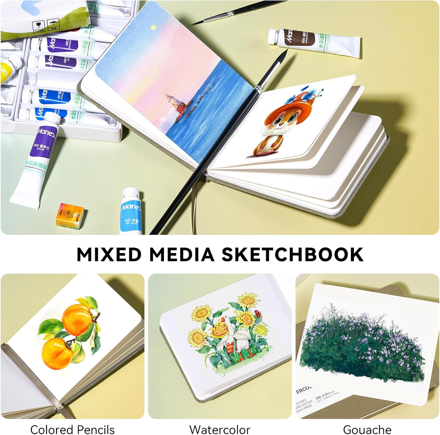 Lightwish Watercolor Sketchbook, 100% Cotton Cold Press Art Supplies Watercolor Paper Journal 3.8 * 5.1In, 2 Pack 40 Sheets (140Lb/300Gsm), Acid-Free for Watercolors, Gouache, Acrylics image number 1