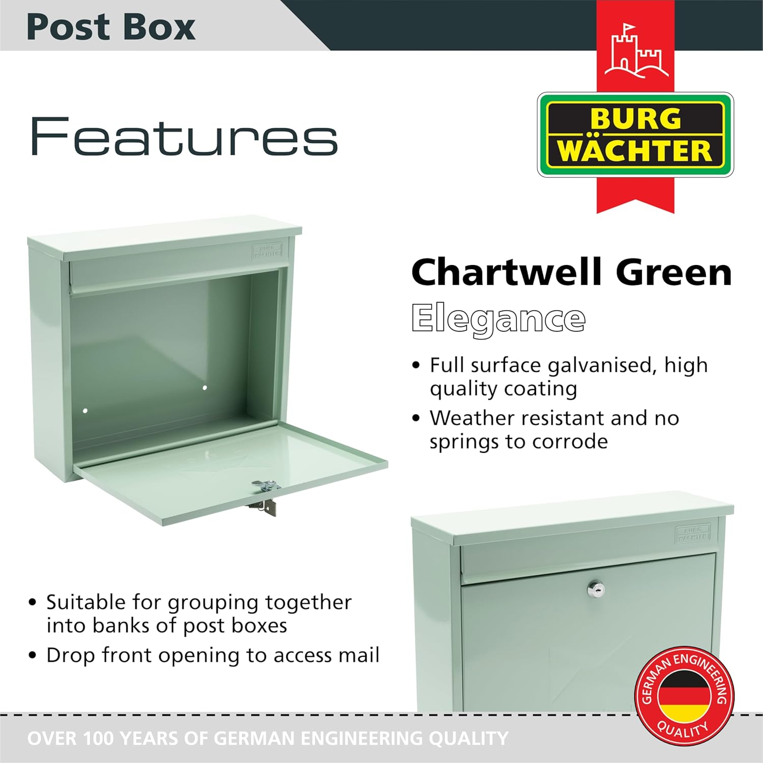 Burg-Wachter MB02CG Chartwell Green Elegance Wall Mounted Galvanised Steel Lockable Weatherproof Post Box - 36X31X10Cm image number 5