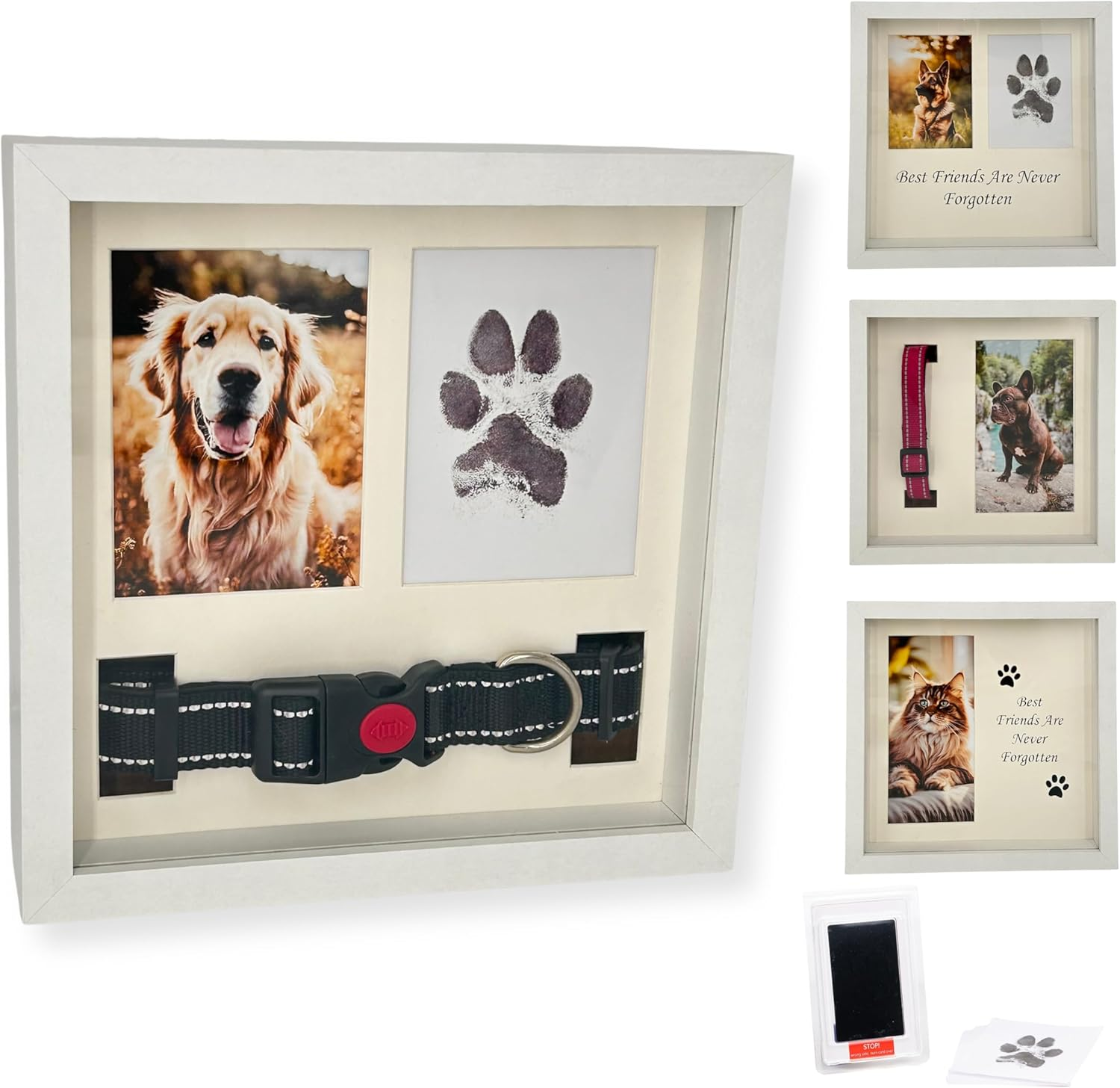 Pet Memorial Dog Picture Frame, 4 Customizable Displays, 9X9, Paw Print Kit for Dogs, Pet Memorial Gift for Dogs, Loss of Dog Sympathy Gift, Pet Paw Print Impression Kit (White)