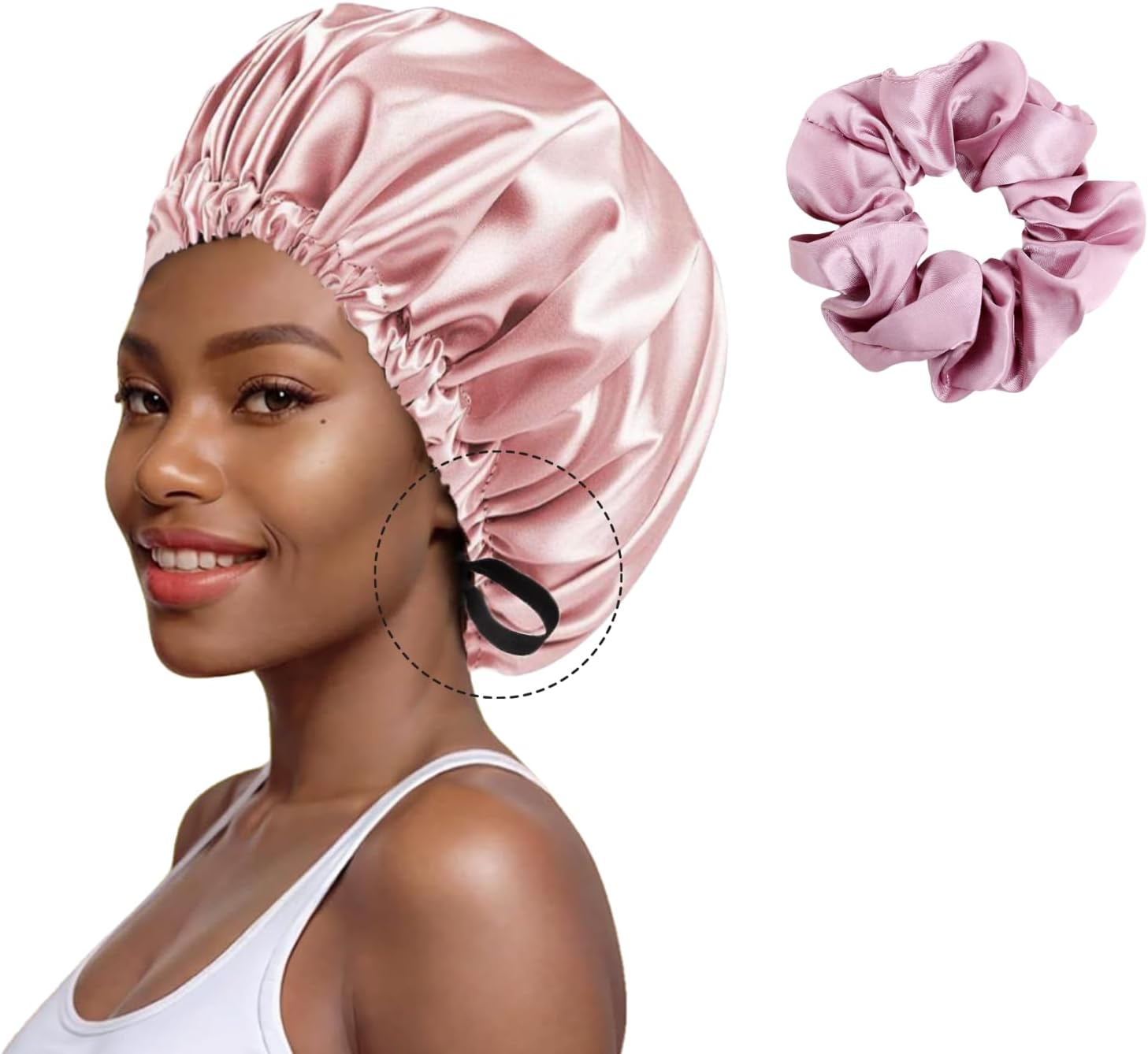 Satin Bonnet for Sleeping-Pink Double Layer Hair Bonnet for Women & Men, Adjustable Strap, Curly Long Hair Protection, Satin Hair Wrap for Night Sleeping Cap