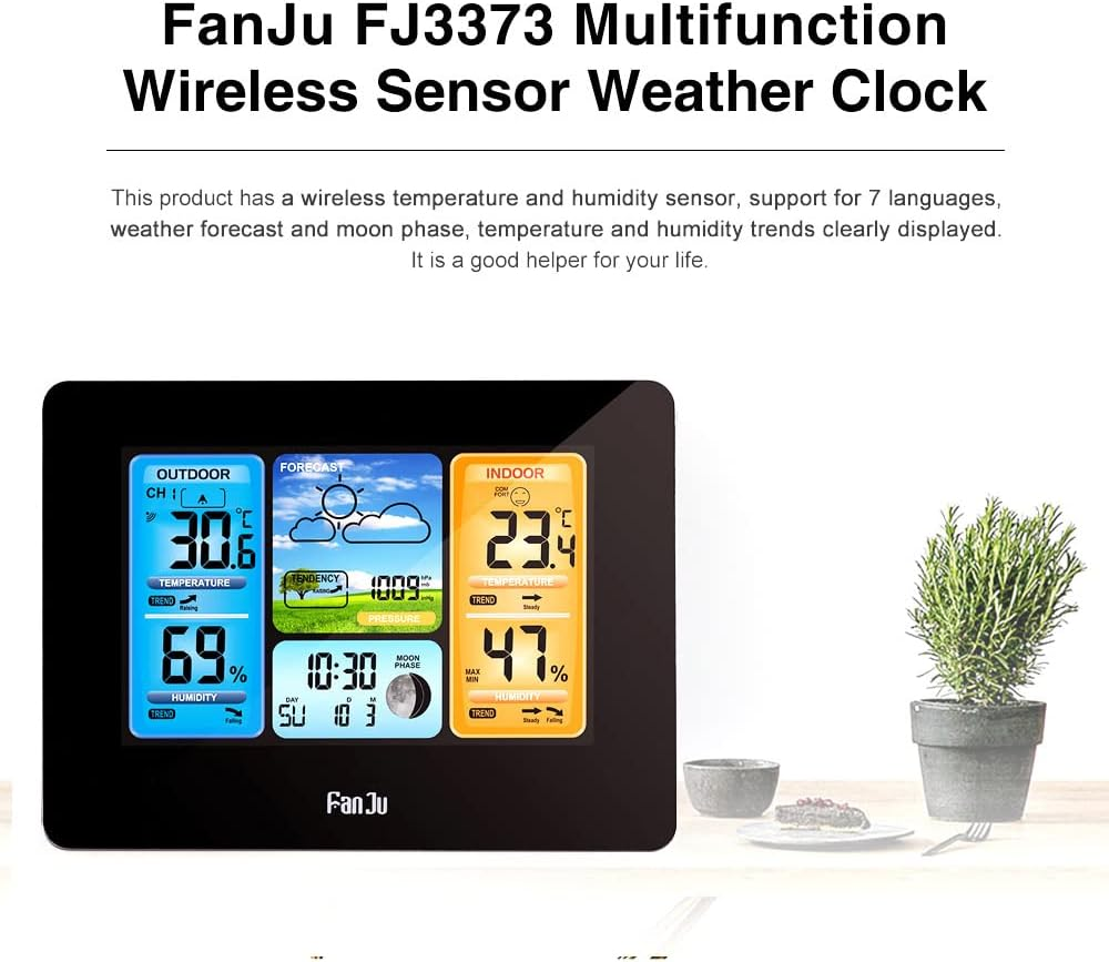 Domary FJ3373 Multifunction Digital Weather Station LCD Alarm Clock Indoor Outdoor Weather Forecast Barometer Thermometer Hygrometer with Wireless Outdoor Sensor USB Power Cord image number 3