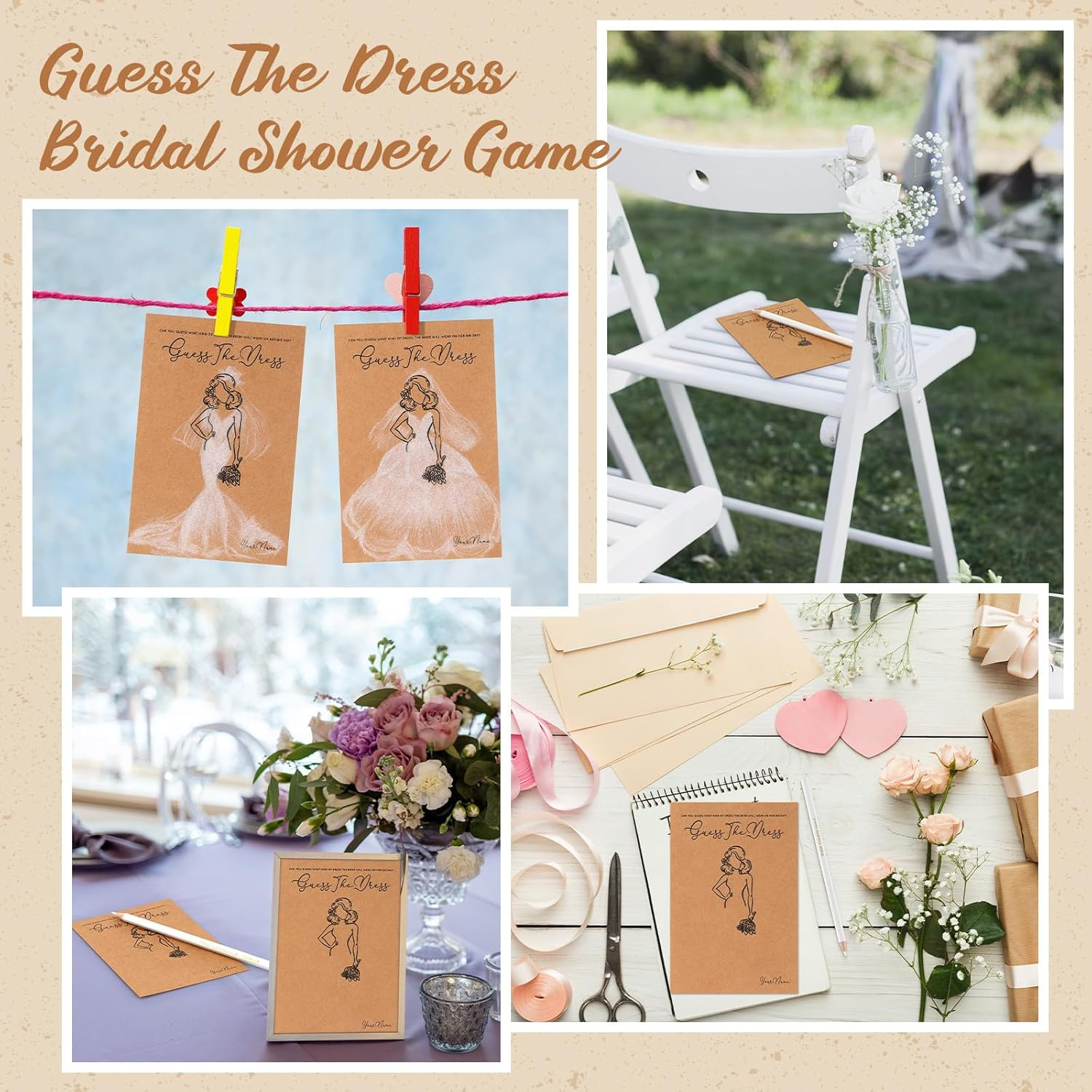 Fulmoon 30 Sets Guess the Dress Bridal Shower Games for Guests Include Wedding Shower Games Cards and Water Soluble Pencils Fun Wedding Decorations Party Supplies Games Ideas (Brown) - Pink, 30 image number 3