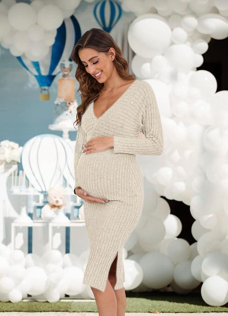 Guruixu Wrap V Neck Maternity Sweater Dress Rib Knit Batwing Open Back Slit Pregnancy Dresses Baby Shower Photoshoot Outfit image number 5