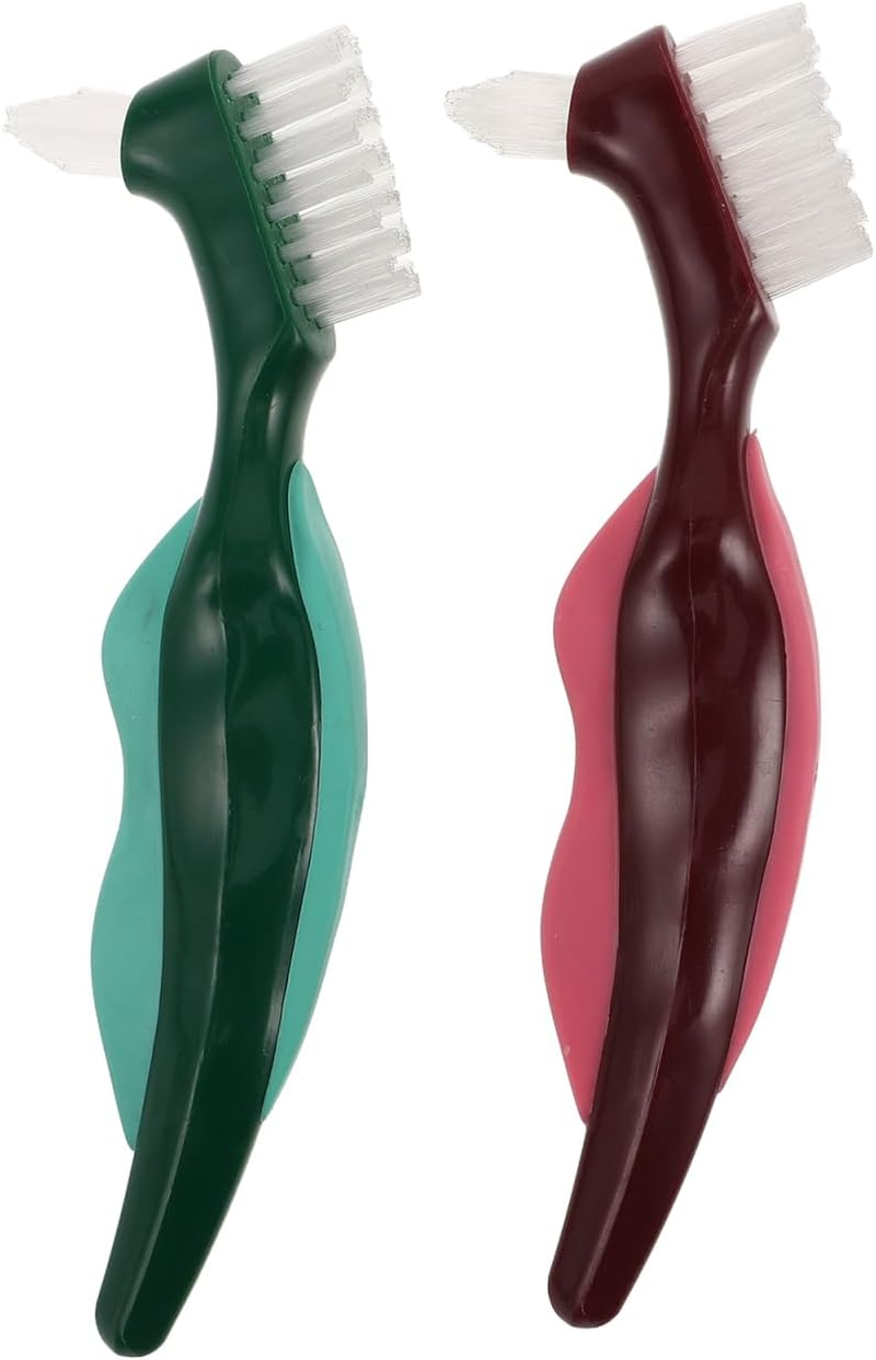 FOMIYES 2Pcs Dual Head False Teeth Brush with Hard Nylon Bristles Ergonomic Non Slip Handle for Effective Denture Cleaning and Stain Removal Portable Oral Care Tool