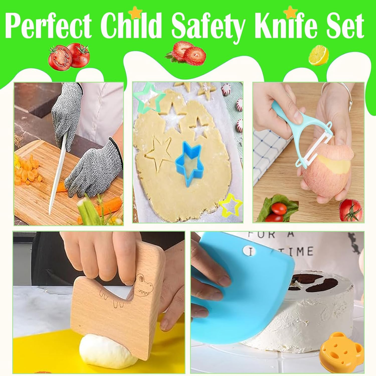Kids Knife Set,28Pcs Toddler Knife Set,Kids Knife Set for Real Cooking with Gloves,Crinkle Cutter,Fruit Cutter,Dough Cutters,Kids Cutting Board and Wooden Safe Knives for Cooking Fun and Present image number 4