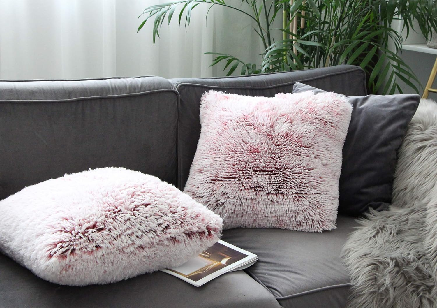 Uhomy 2 Packs Home Decorative Luxury Super Soft Plush Faux Fur Throw Pillow Cover Cushion Case, Double Sides Fur, for Sofa/Bed 18X18 Inch 45X45 Cm Red Ombre image number 6
