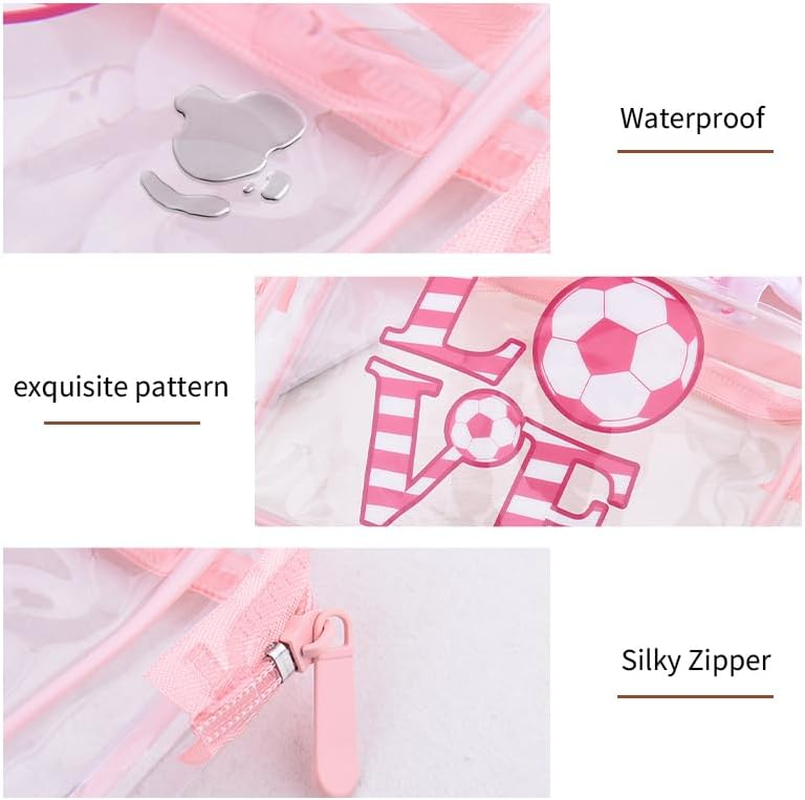 Pink Soccer Gifts Women Girls Pink Soccer Cosmetic Makeup Bag with Sport Hair Scrunchies PVC Clear Football Cosmetic Bags for Coach Players Team Christmas Party