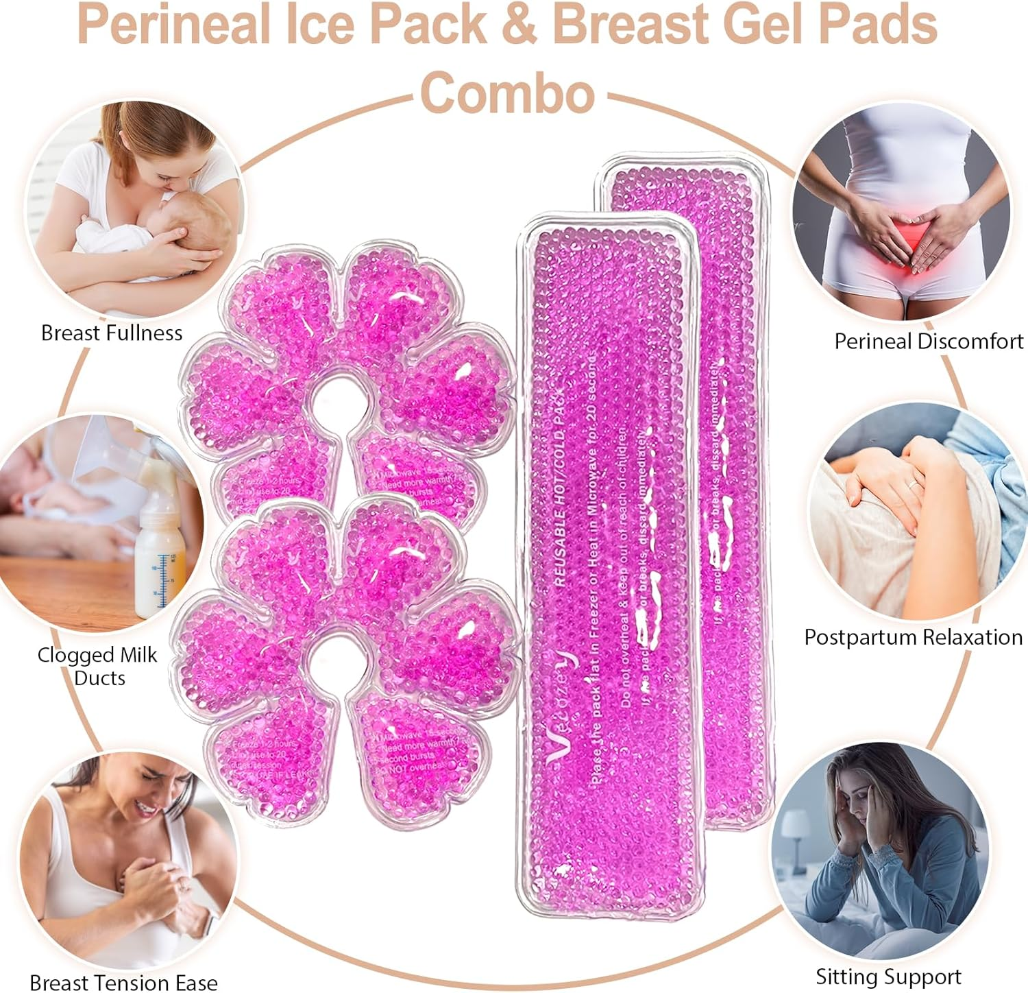 Postpartum Ice Pads Set, 2 Perineal Cold Pack & 2 Breast Therapy Ice Packs with Soft Washable Covers, Hot & Cold Postpartum New Mom Essentials Kit for Engorgement, Mastitis, Hemorrhoids & after Birth Recovery image number 5
