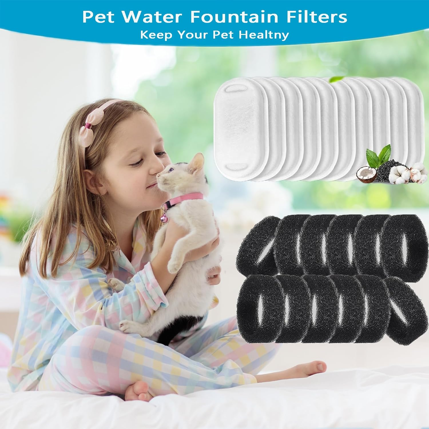 Wakouter Cat Water Fountain Filters, 24 Pack Triple Filtration System Automatic Pet Filters, 12 Pcs Carbon Filters and 12 Pcs Foam Filter, for Pet Water Fountain Filters Replacement image number 1