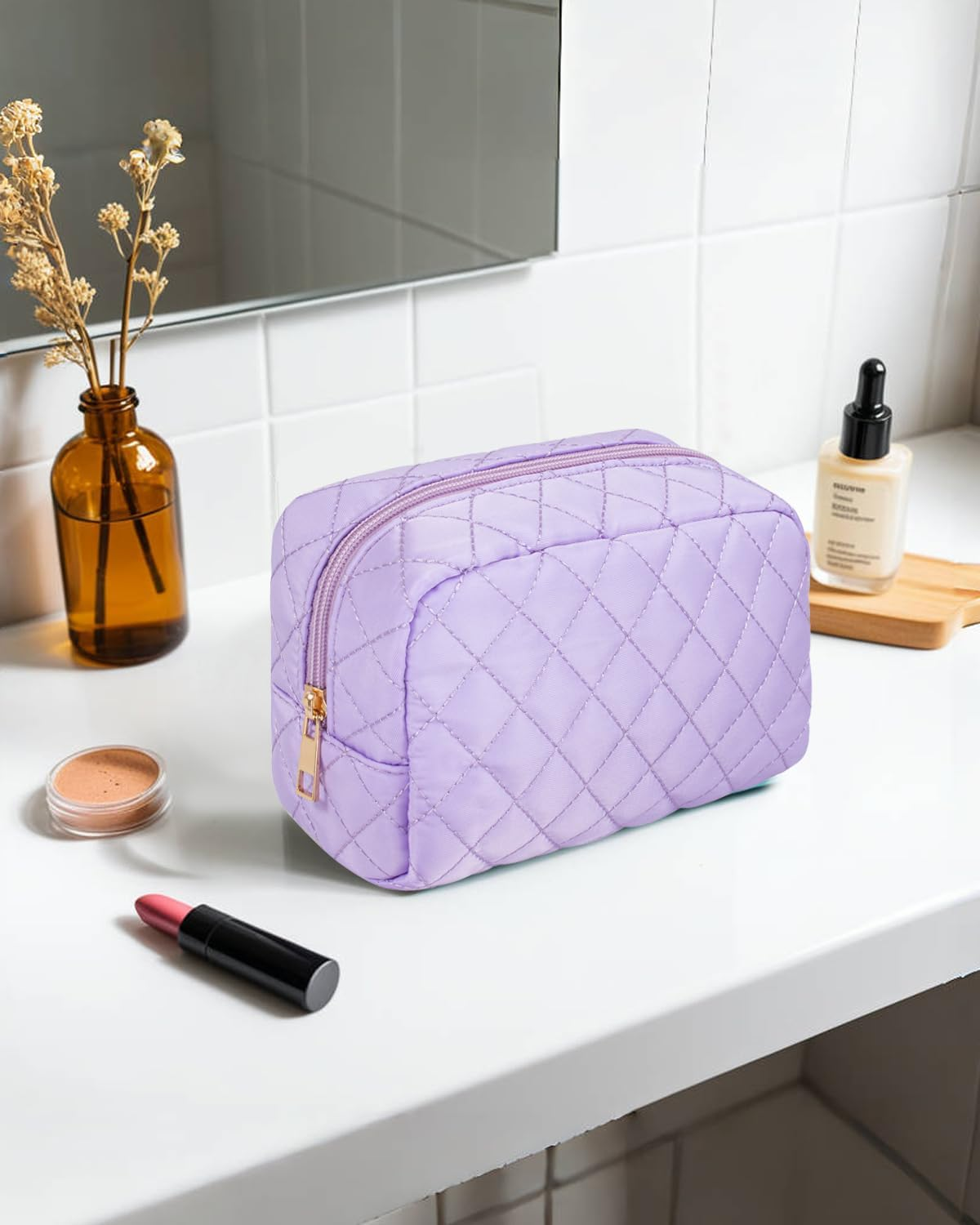 DDPOND Makeup Bag Travel Cosmetic Bag,Small Make up Bags for Women Makeup Organizer Case, Toiletry Bag Quilted Make up Bags Travel Essentials Toiletries Accessories (Black) - Beige image number 3