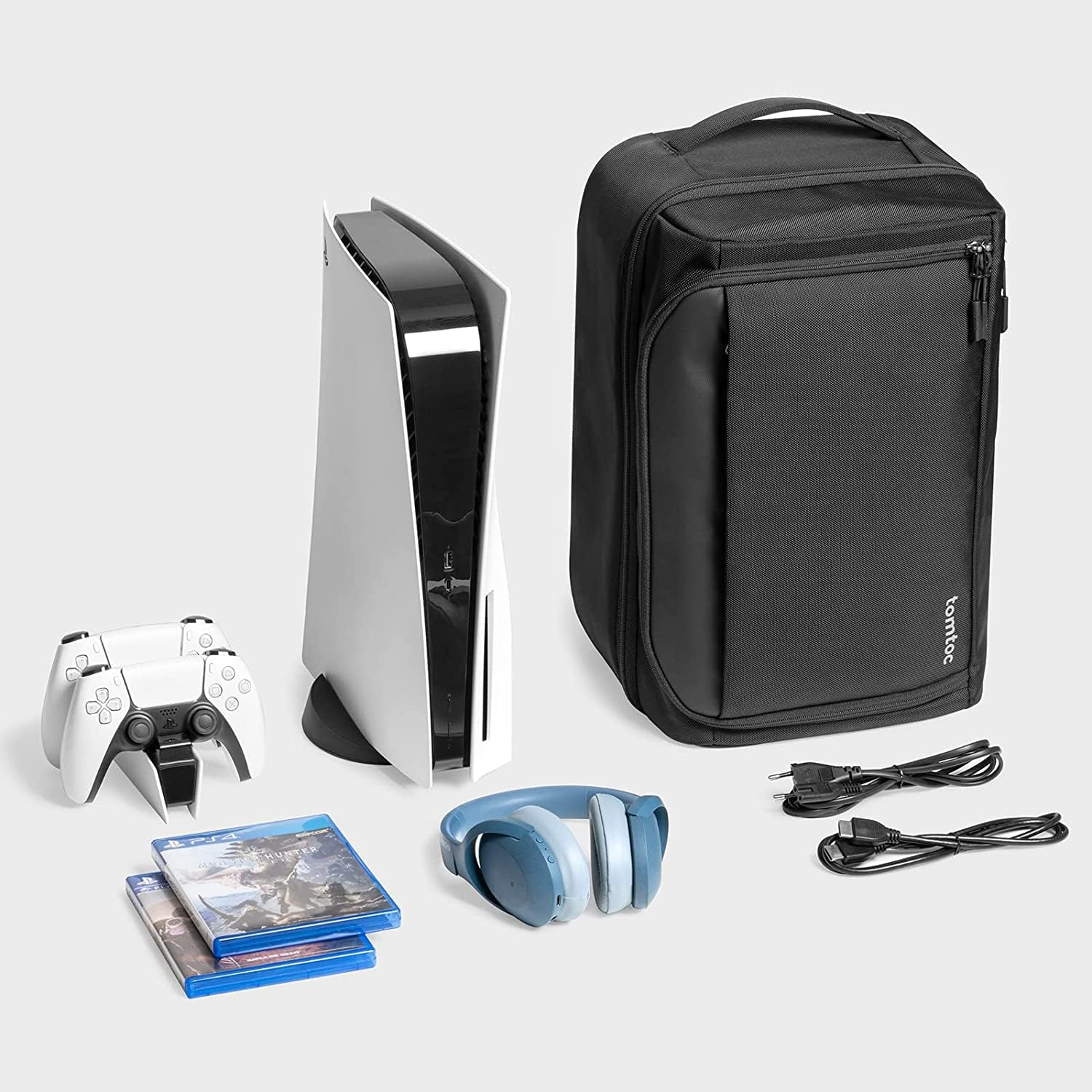 Tomtoc Travel Backpack for PS5 Console, Accessories, Protective Carrying Case Storage Bag Compatible with Sony Playstation 5 Console, Headset, 2 Game Discs, PS5 Controller, Charging Station