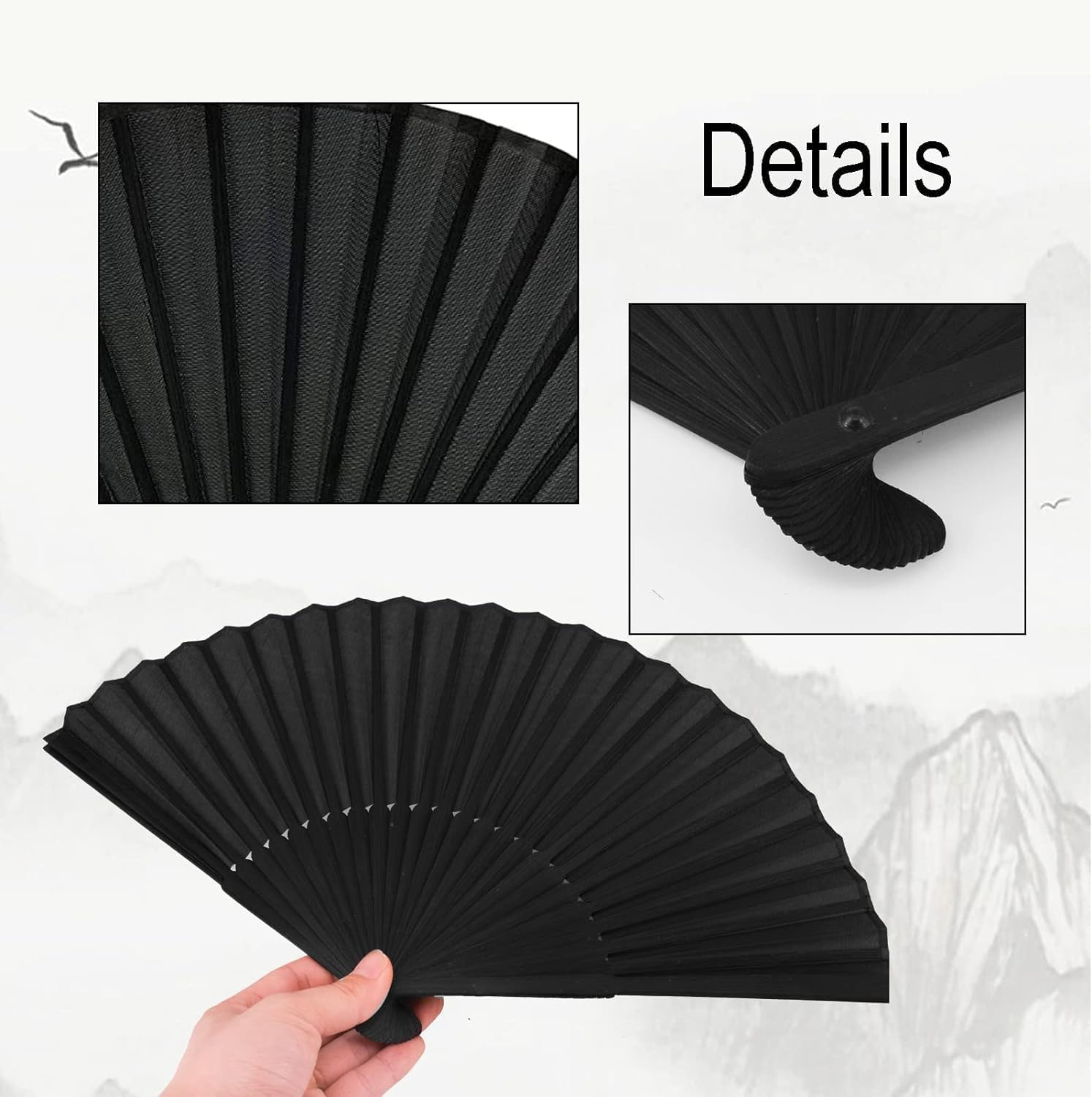 3Pcs Black Handheld Folding Fan, Chinese Retro Fabric Fan Handheld Fabric Bamboo Fan Black Chinese Ladies Folding Fan for Performances, Dances, Parties and Gifts image number 4