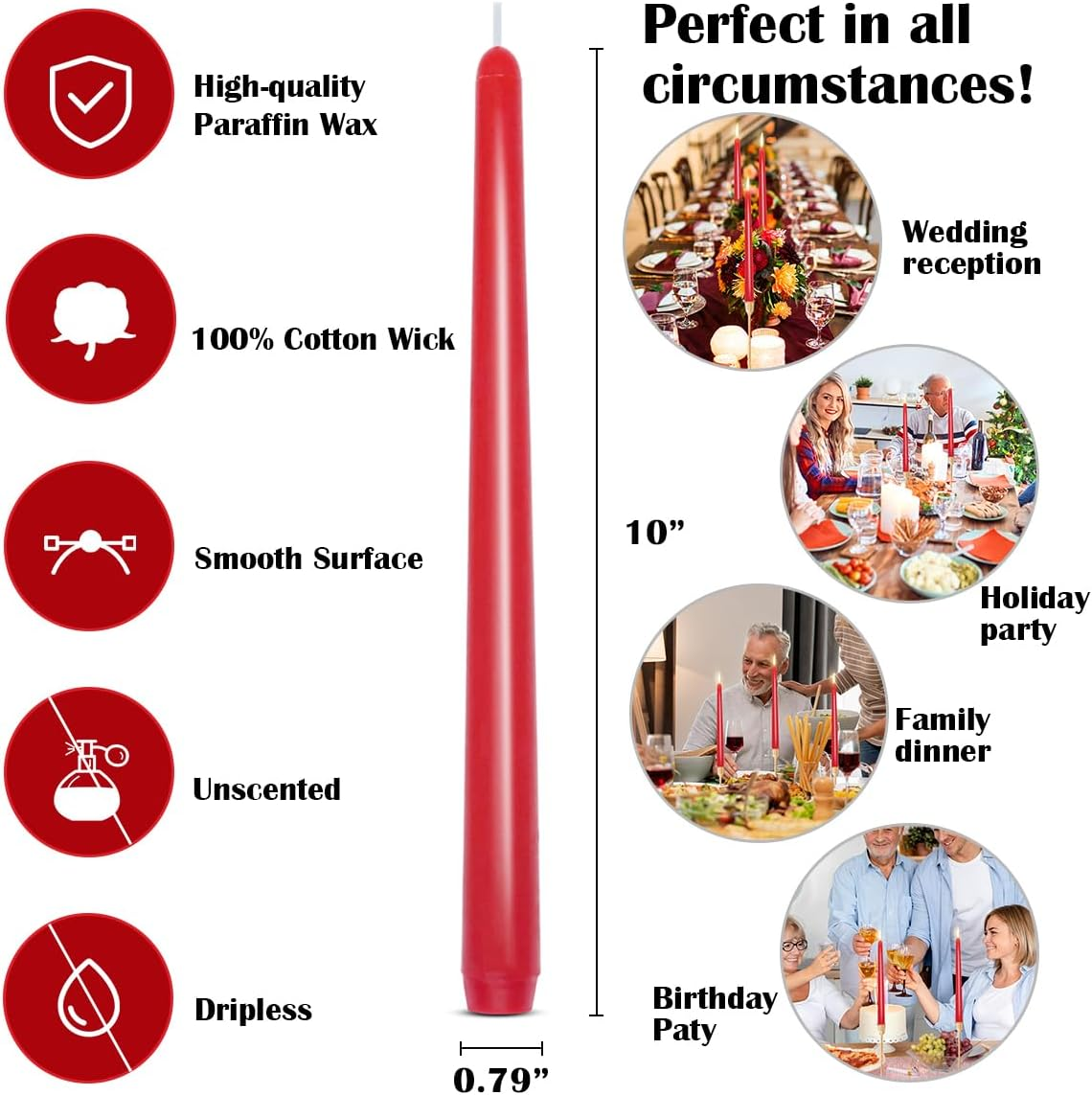 Set of 7 Red Colored Taper Candles, Dripless Unscented Skinny 10 Inch Tall Wax Candlesticks for Home Party Wedding Table Decoration image number 4