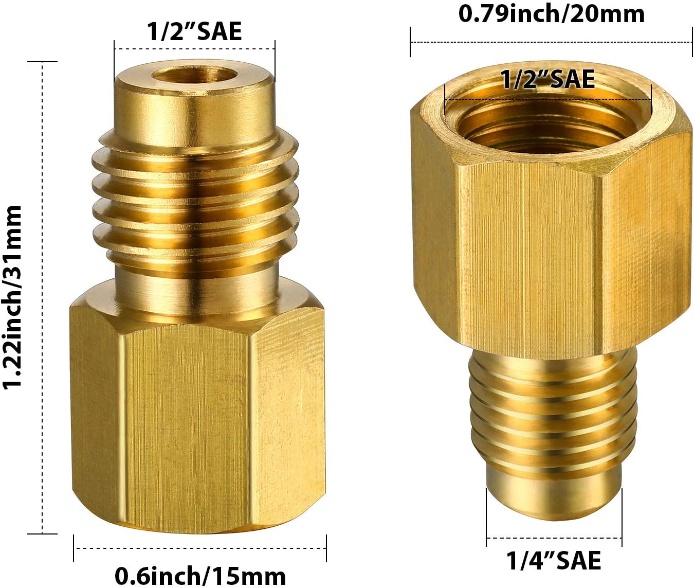 4 Pieces 6015 R134A Brass Refrigerant Tank Adapter to R12 Fitting Adapter 1/2 Female Acme to 1/4 Male Flare Adaptor Valve Core and 6014 Vacuum Pump Adapter 1/4 Inch Flare Female to 1/2 Inch Acme Male image number 5