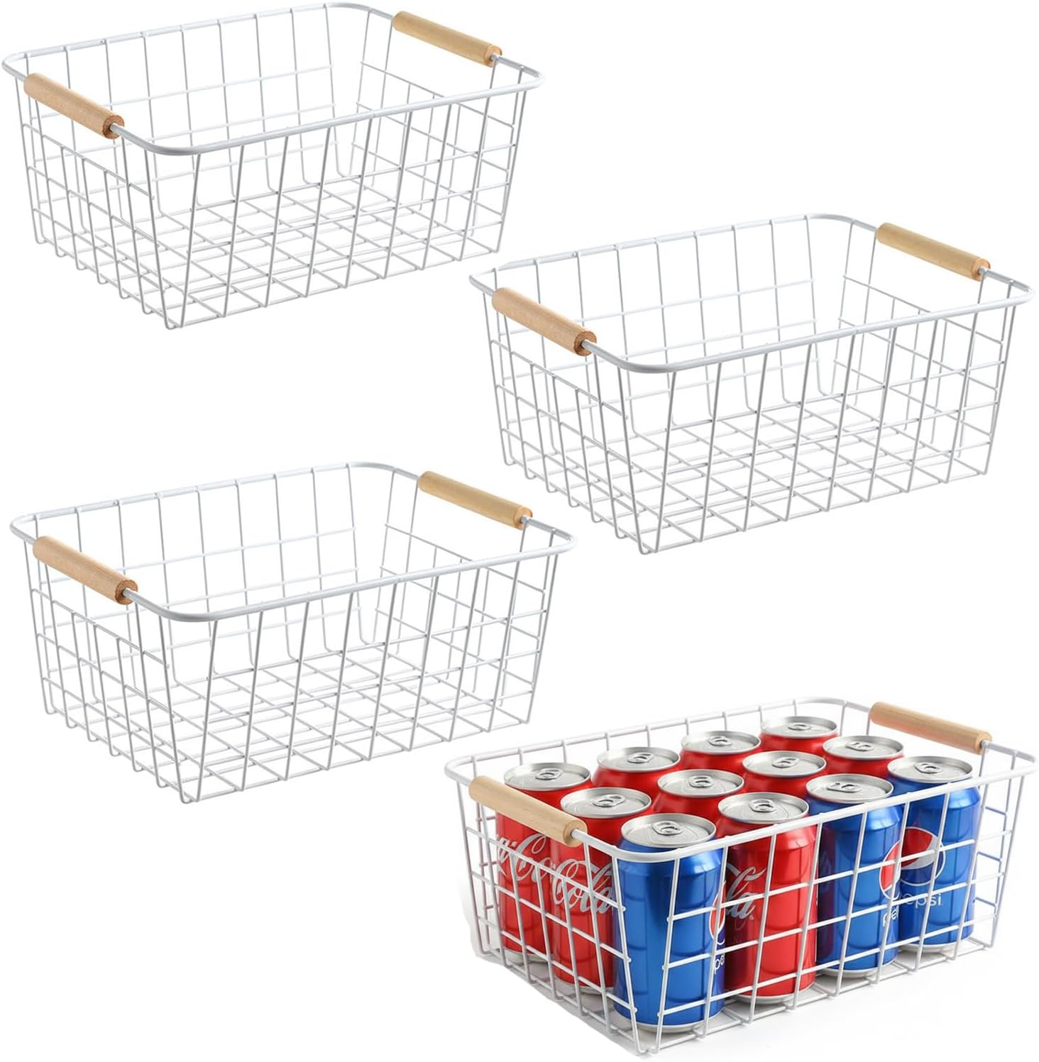 ZRAZ Kitchen Wire Baskets Farmhouse Decor Metal Wire Food Storage Organizer, Household Refrigerator Bin with Built-In Handles for Cabinets, Pantry, Bathroom, Laundry Room, Garage,Set of 4 (White) image number 2