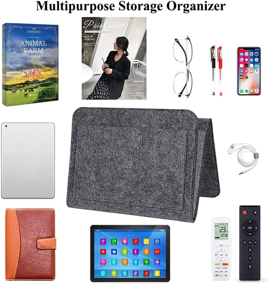 Vivva Bed Caddy Organizer under Mattress, Pockets Felt Sofa Storage Bag, Student Dormitory Bedside Book Storage Hanging Bag, Bedside Caddy for Magazine, Headphones, Remote Control (L, Khaki)