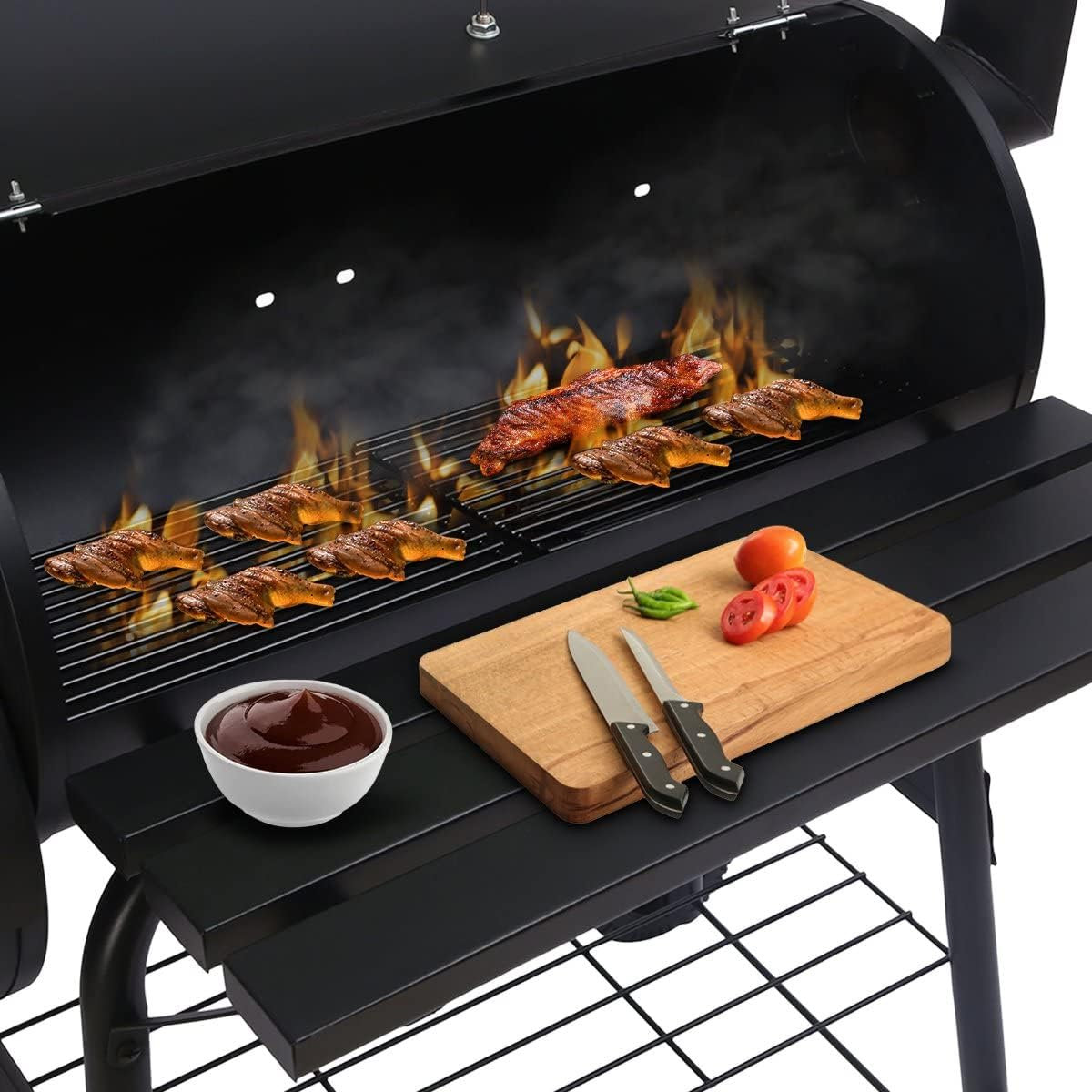 Wallaroo 2-In-1 Portable Barbecue Grill & Offset Smoker with Thermometer & Work Shelf - Heavy-Duty Outdoor BBQ Smoker with Wheels & Charcoal Storage Rack for Camping Hiking Parties & Picnics image number 3
