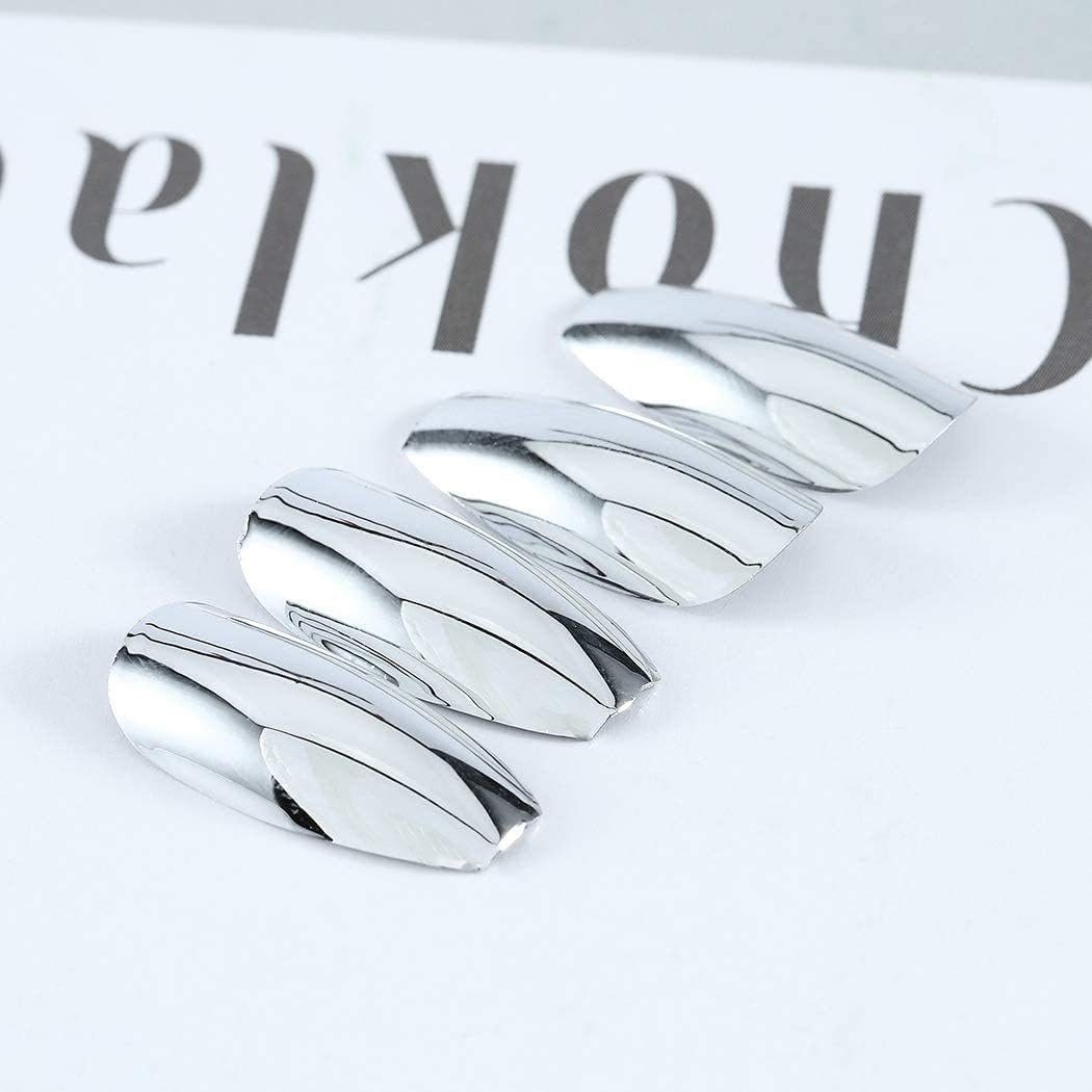 24 Pcs False Nails Tips Silver Long Fake Nail for Women and Girls Art Artificial Extension image number 3