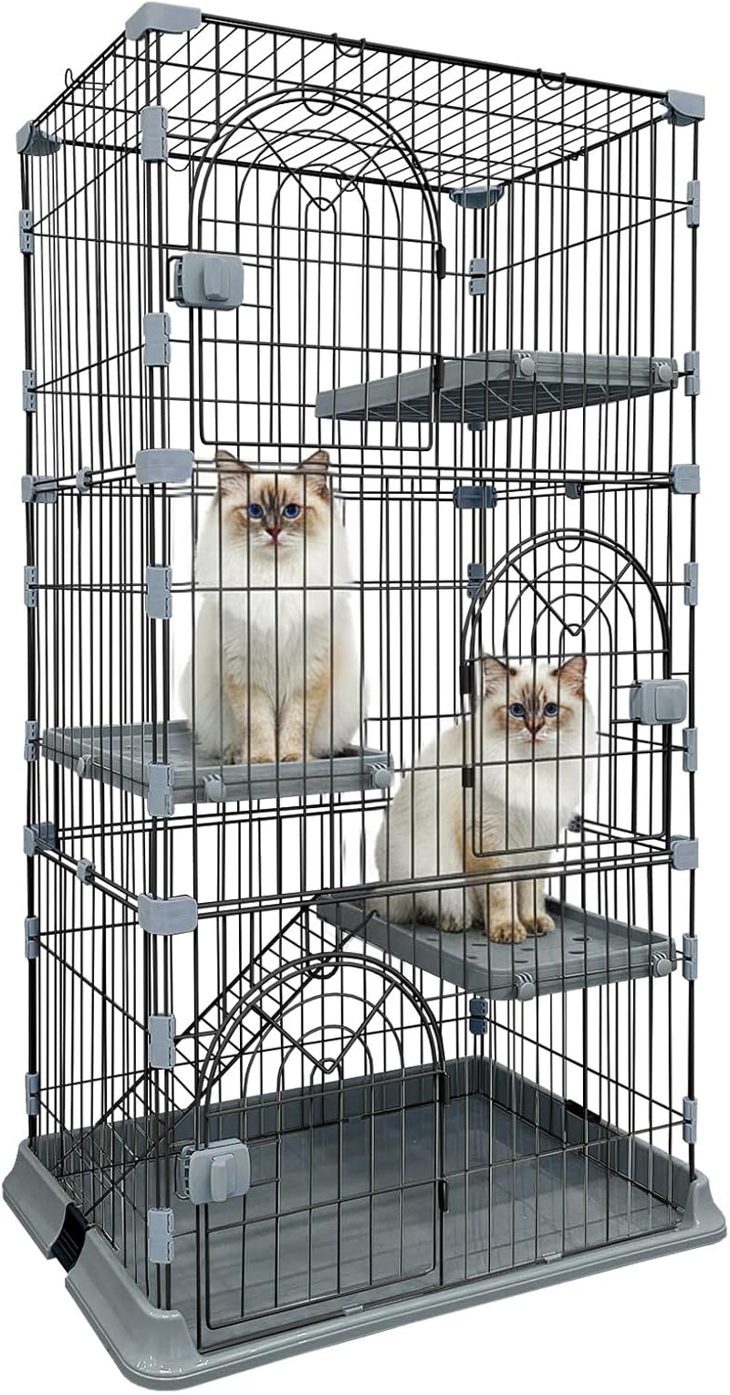Cat Cage 3-Tier Indoor Cat Enclosure with Widen Bottom Buckle & Reinforced Locking Clamps DIY Cat Playpen for 1-2 Cats & Small Pets,30" L X 20" W X 52.5" H (Grey, Three-Tier) image number 1