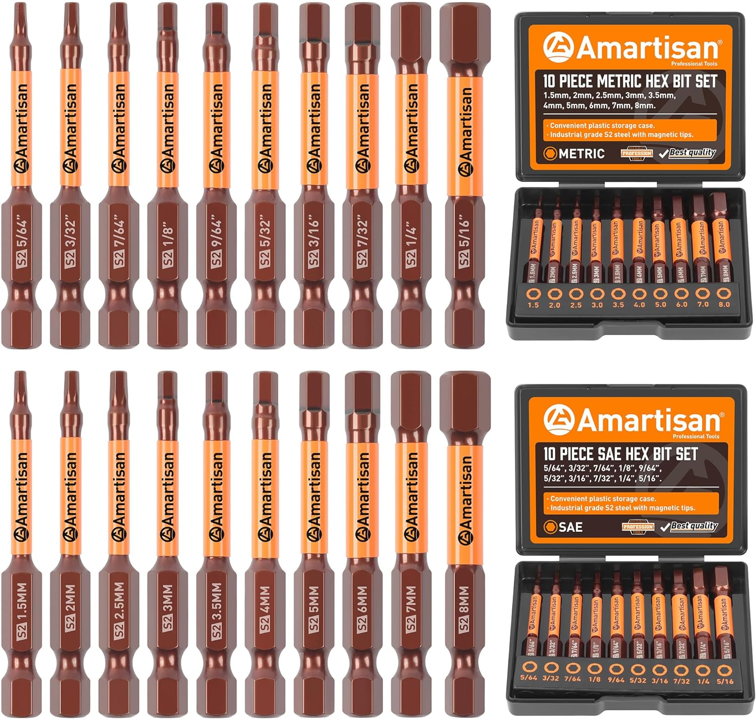 Amartisan 20 PACK Hex Head Allen Wrench Drill Bit Set, Metric and SAE S2 Steel Hex Bits Set, Magnetic Tips, 2.3" Long with Storage Box (New Hex Bit) image number 3