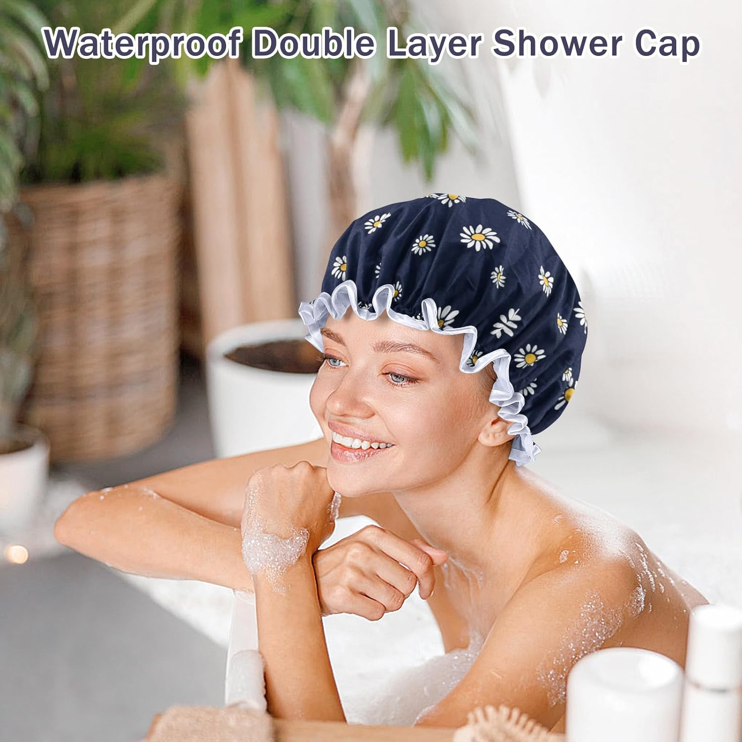 Double Layer Waterproof Shower Cap with Elastic Band, Reusable Bath Cap for Women -Large Waterproof Plastic Shower Hat for Long, Short and Curly Hairs Spa Salon (Deep Blue-Little Daisy) image number 2