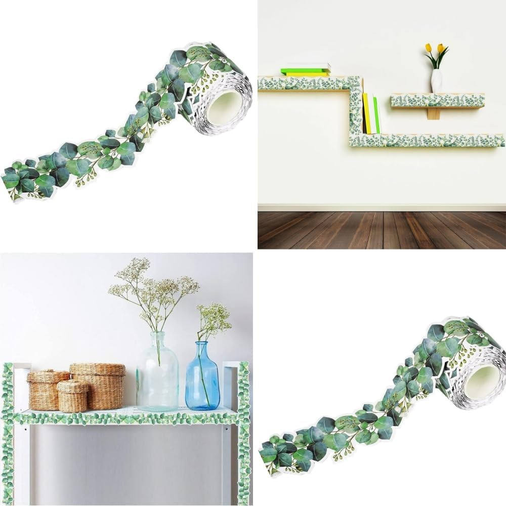 Naisfei Eucalyptus Border Bulletin Board, Eucalyptus Die Cut Border Green Leaves Bulletin Border Trim for Photo Wall Home and School Decorations(49 Ft/15 M) image number 2
