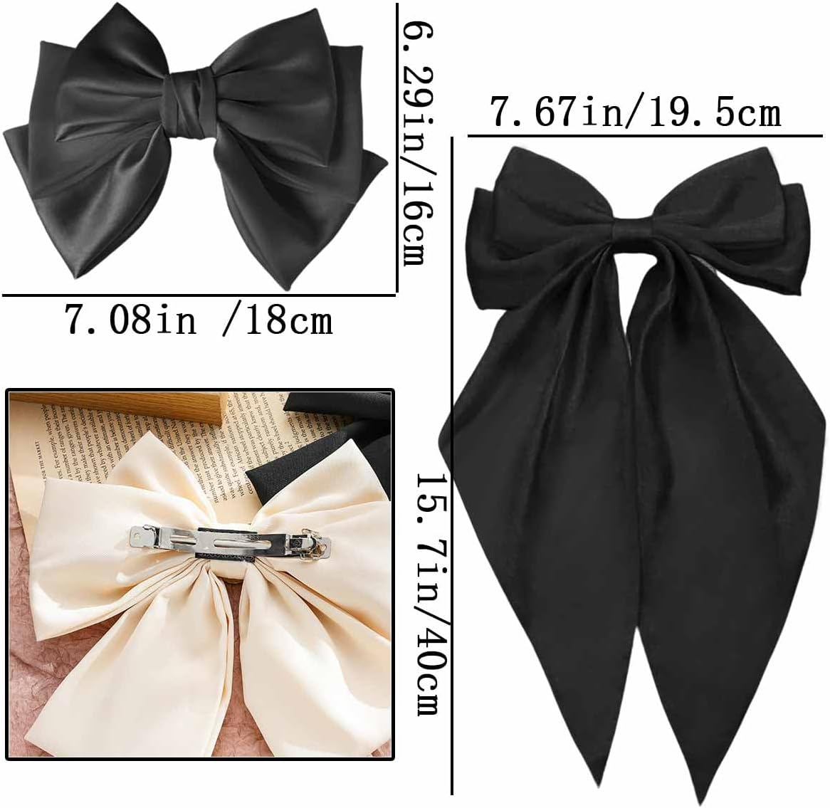 4 PCS Hair Bows for Women Girls Oversized Bow Hair Clips Black White Long Tail Hair Ribbon Metal Spring Clips Vintage Silky Satin Barrettes Ponytail Headdress French Large Bowknot Hair Accessories image number 3