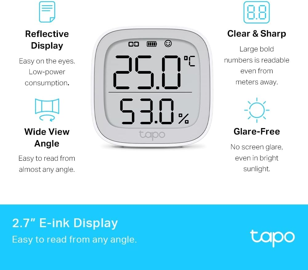 Tapo Tp-Link Smart Room Temperature and Humidity Sensor, Auto, Real-Time, 2.7' E-Ink Display, Free Data Storage and Visual Graphs, Instant App Notification, Smart Home, Hub Required (Tapo T315) image number 1