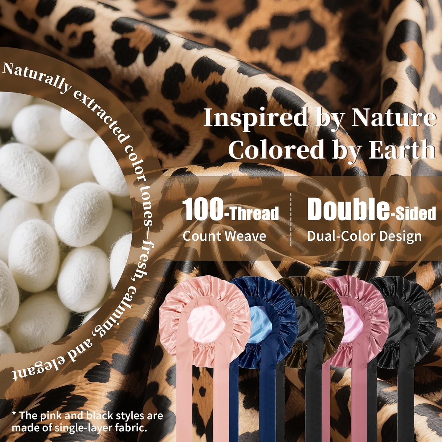 Novvia Silk-Like Satin Sleep Cap &ndash; Double-Layer Reversible Bonnet for Sleeping, Anti-Frizz Protection for Curly Hair, Smooth and Breathable Sleeping Cap for Night Use-Leopard Print+Black